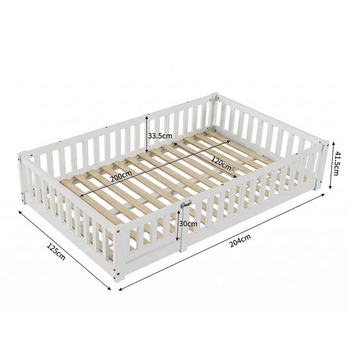 BODENBETT Modern mit Schließbarer Sicherheitstür 120/200 cm Kiefer-Massivholz Weiß - Weiß, Holz (120/200cm) - Creahappy