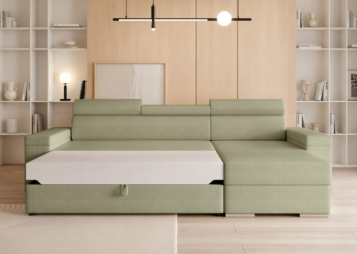 ECKSOFA AISHA mit Schlaffunktion und Bettkasten Grün - Grün, Holzwerkstoff/Kunststoff (250/90cm) - Idohome