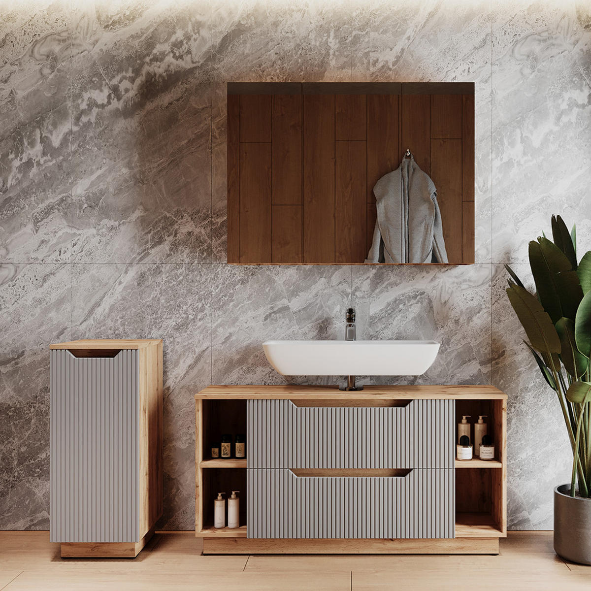 BADMÖBEL-SET Lotta Eiche/grau gestreift 3 Teile - Eichefarben/Grau, Holzwerkstoff (119.2/62.5/35cm) - Vicco