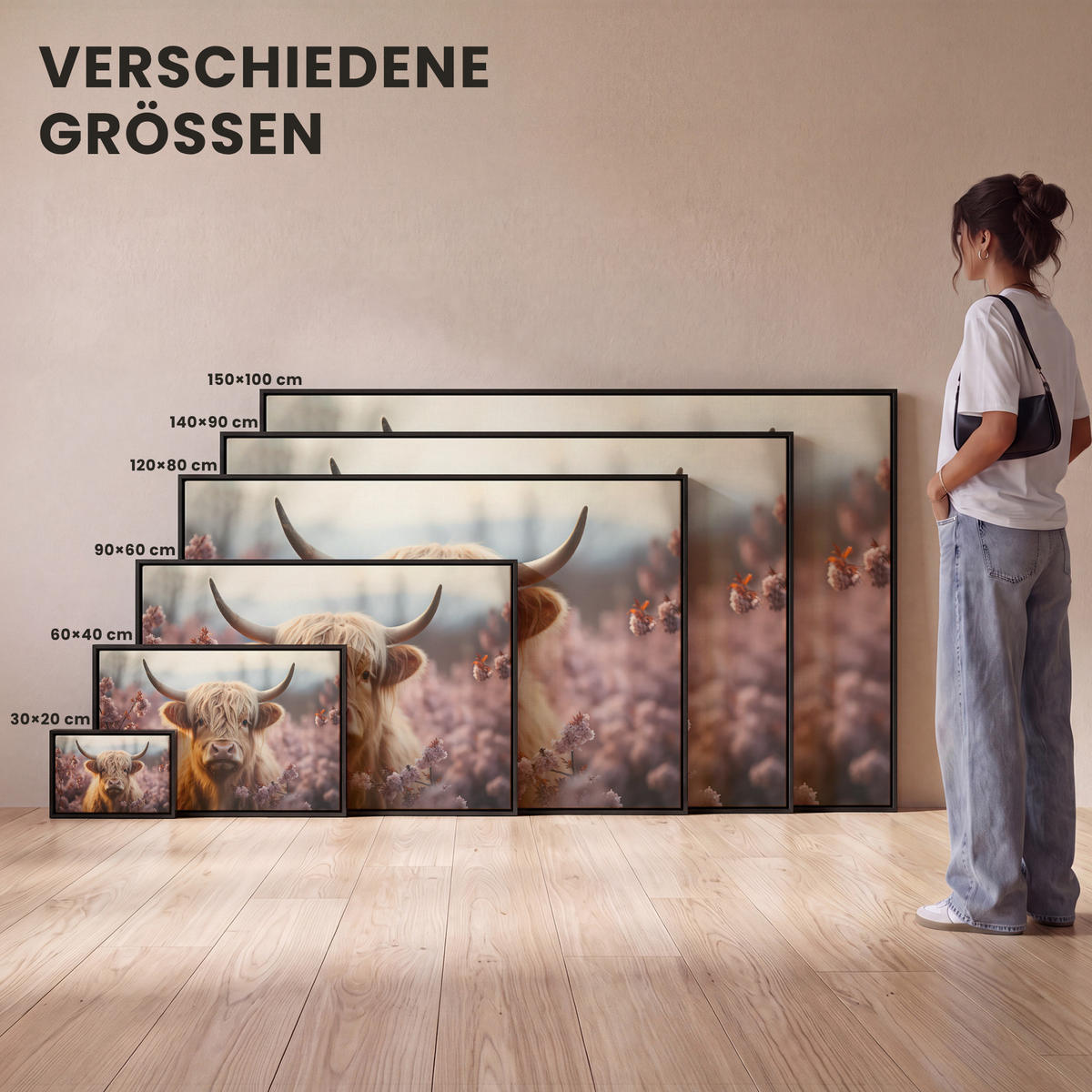 LEINWAND Bilder mit Rahmen - Schottischer Hochländer - Frühling - Hochland - 60x40 - Hellrosa, Textil (60/40cm) - MuchoWow