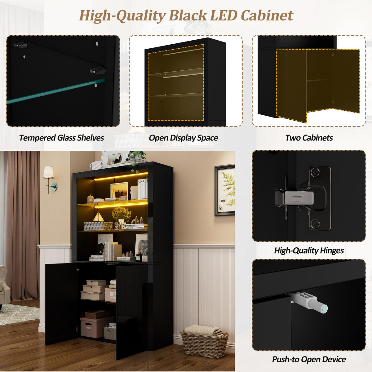 VITRINE 100/35/170 cm Schwarz aus MDF, Glas und Spanplatte mit LED - Schwarz, Holzwerkstoff (100/170/35cm) - OKWISH