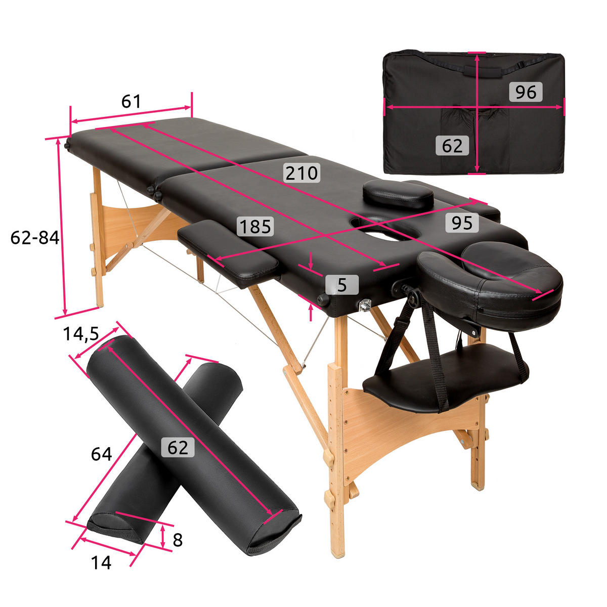 MASSAGELIEGE 2 Zonen Freddi,210 x 95 x 84 cm,schwarz - Schwarz, Holz (95/84/210cm) - tectake