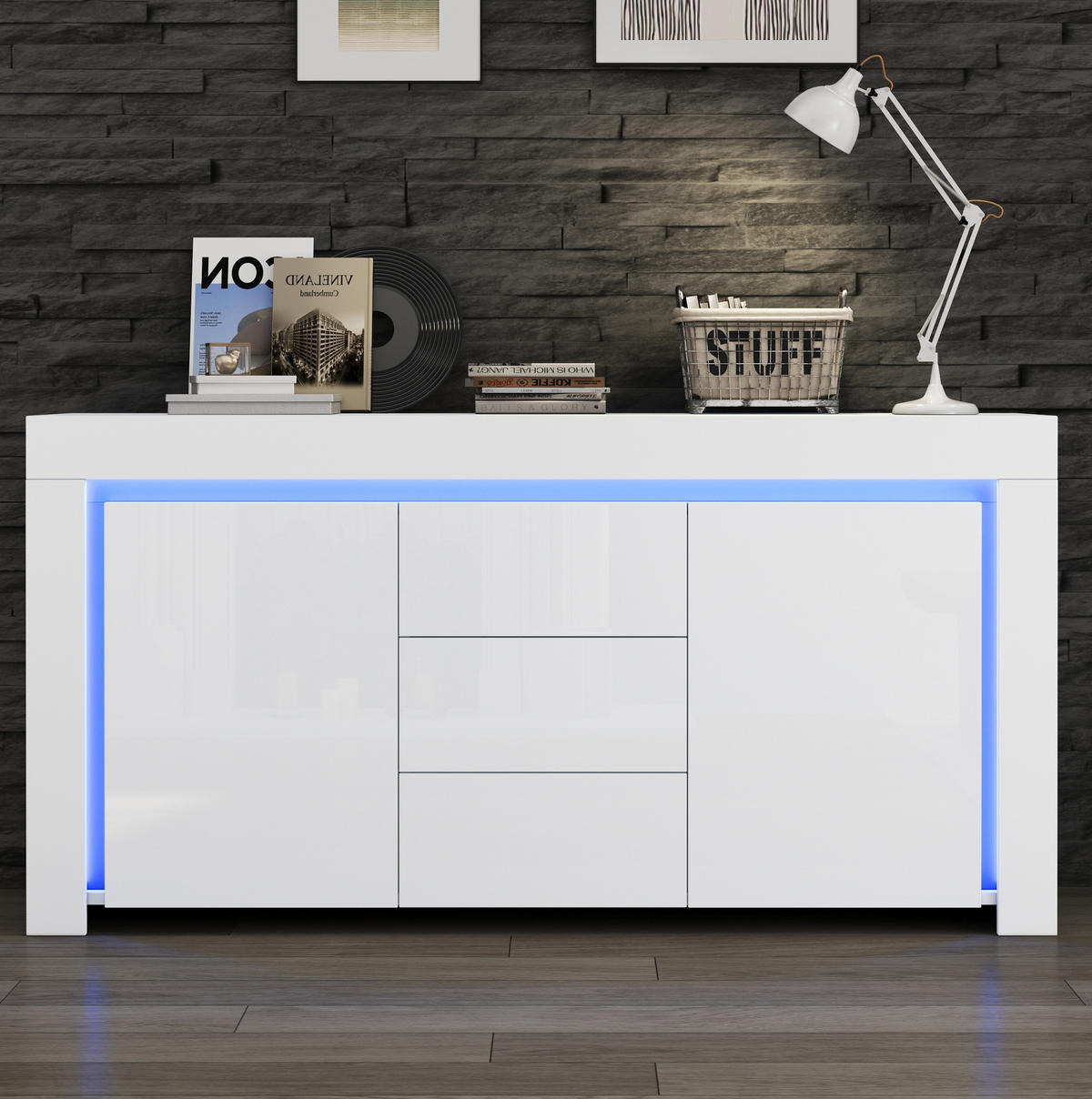 SIDEBOARD 140/40/65 cm in Weiß Hochglanz mit 2 Türen, 3 Schubladen & LED - Weiß, Holzwerkstoff (140/65/40cm) - BEAOK