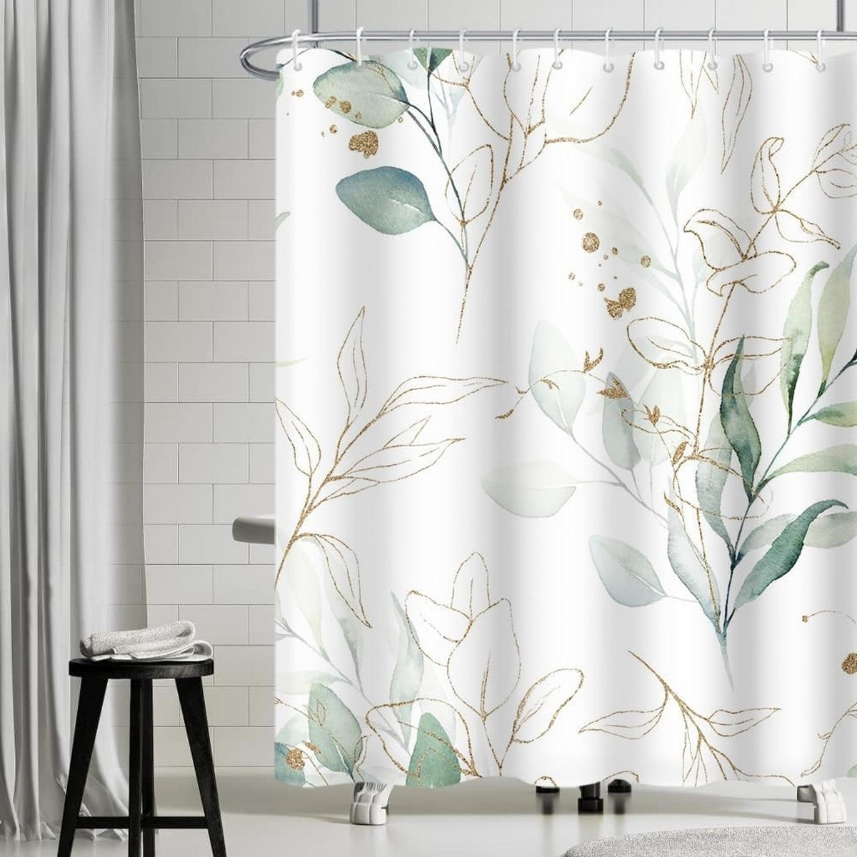 DUSCHVORHANG mit Blätter Grün Stoff waschbar Badezimmer Polyester wasserdicht mit Haken - Grün, Textil (200/180cm) - MCBOSON