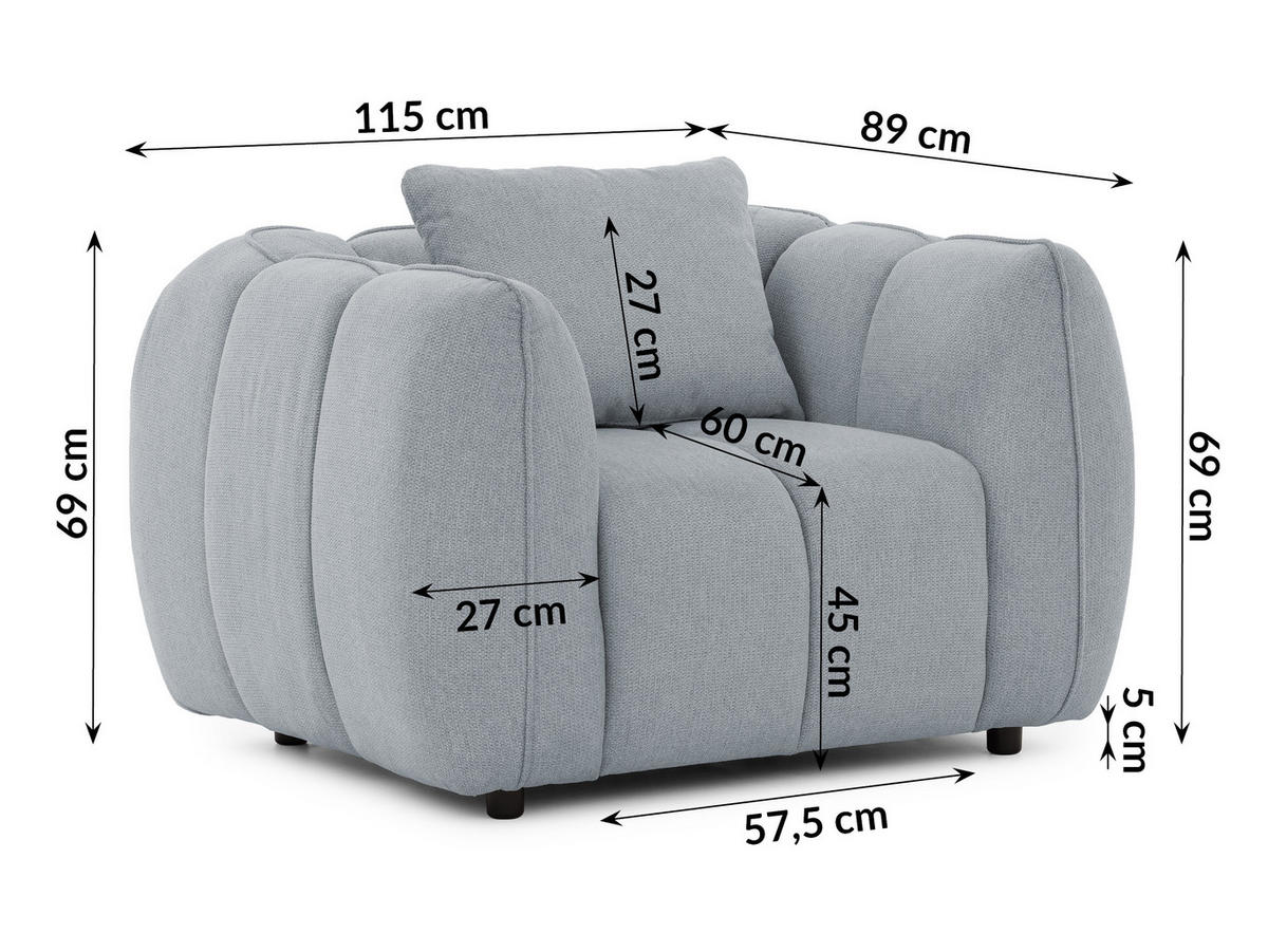 SESSEL Nubira in tief gesteppter Bubble-Optik aus weichem Grau Strukturstoff im modernen Design - Schwarz/Grau, Holz/Kunststoff (115/69/89cm) - S-Style Möbel