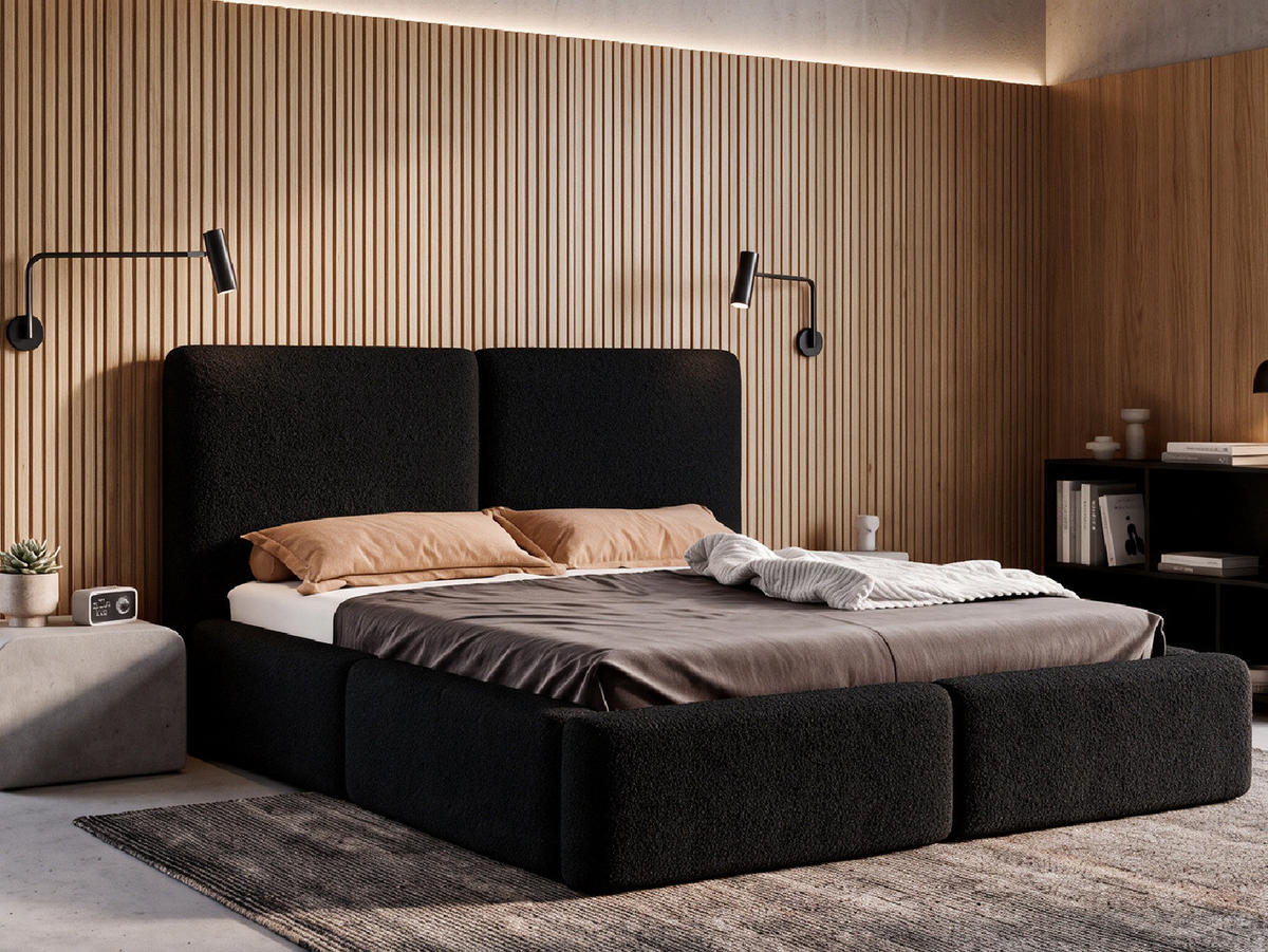 POLSTERBETT LIVIA 160x200 cm mit Bettkasten, Stauraum und Metall-Lattenrost – Bouclé Stoff Schwarz - Schwarz, Textil/Metall (160/200cm) - Luxkor24