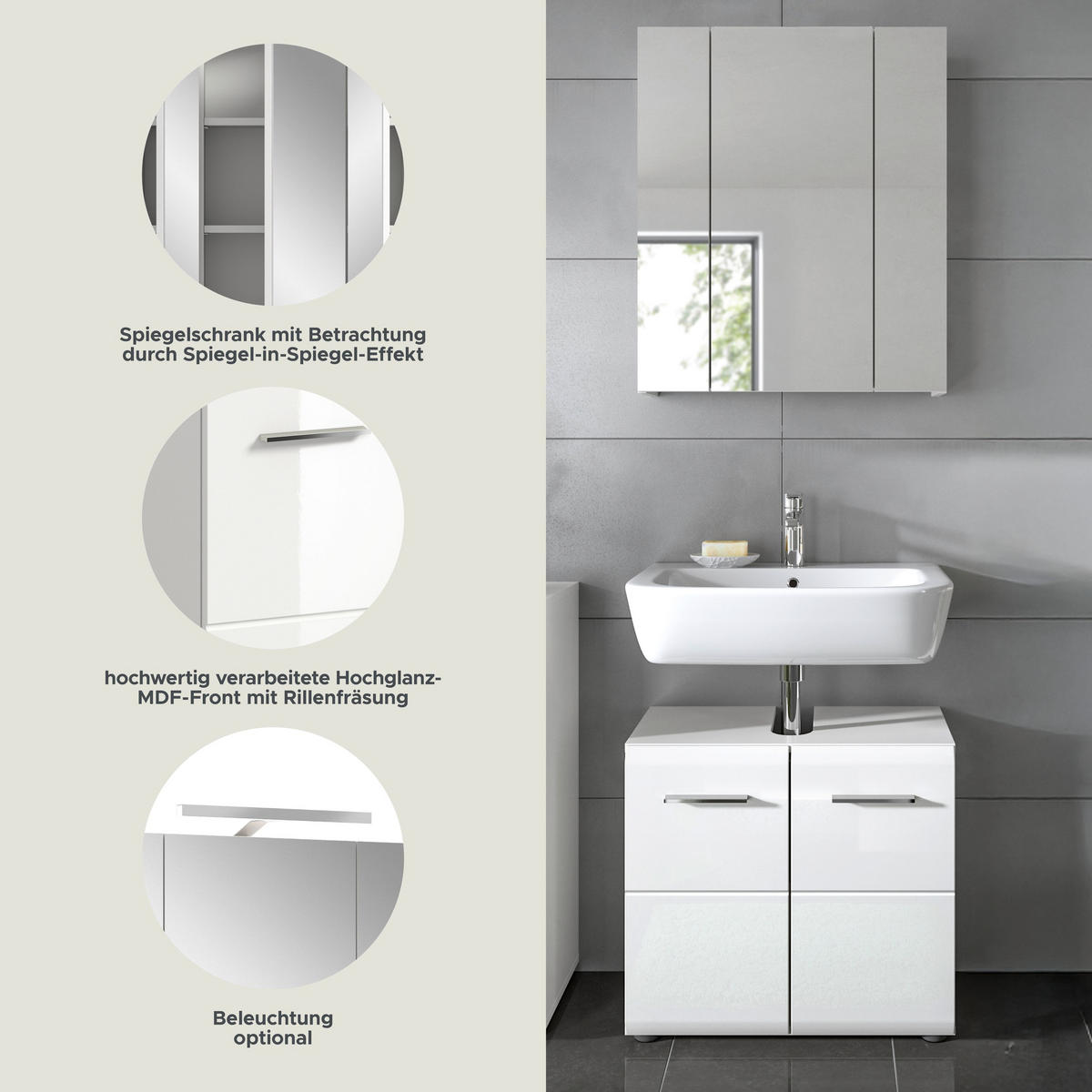 BADKOMBINATION Ice 60x185x30 cm weiß Hochglanz MDF 2tlg. - Weiß, Holz (60/185/30cm)