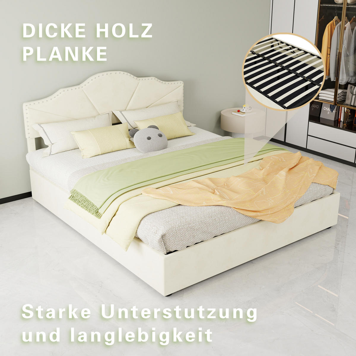POLSTERBETT 160/200 mit hydraulischem Bettkasten und gepolstertem Kopfteil aus Holland-Samt in Beige - Beige, Holzwerkstoff/Textil (160/200cm) - EVRYAE