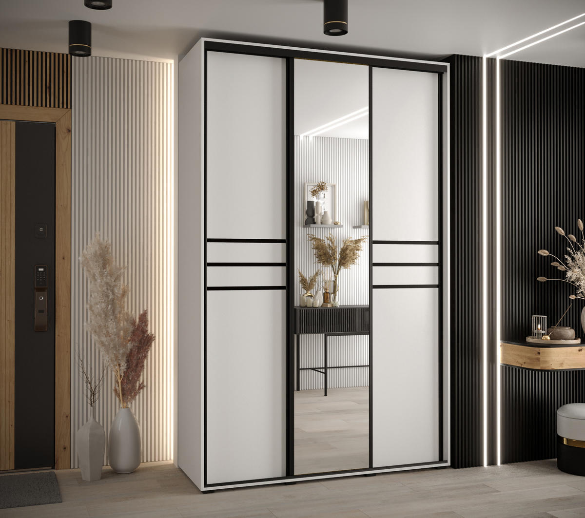 SCHWEBETÜRENSCHRANK 235,2/150/45 3-türig - Schwarz/Weiß, Holz/Metall (150/235/45cm) - Abiks Möbel