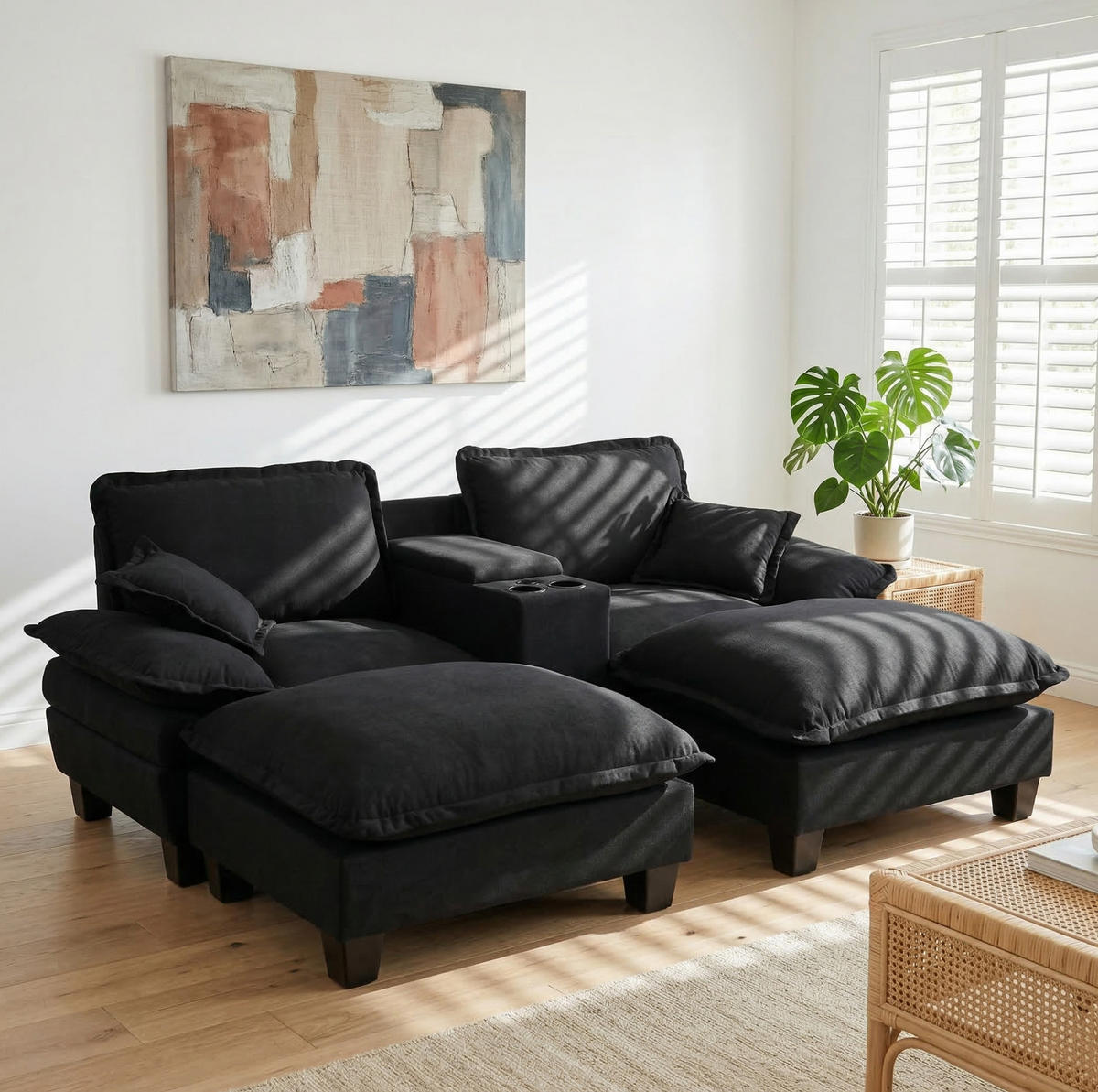 2-SITZER aus Chenille in Schwarz mit USB-Anschlüssen & Stauraum - Schwarz, Textil (155/90/224cm) - Modfu