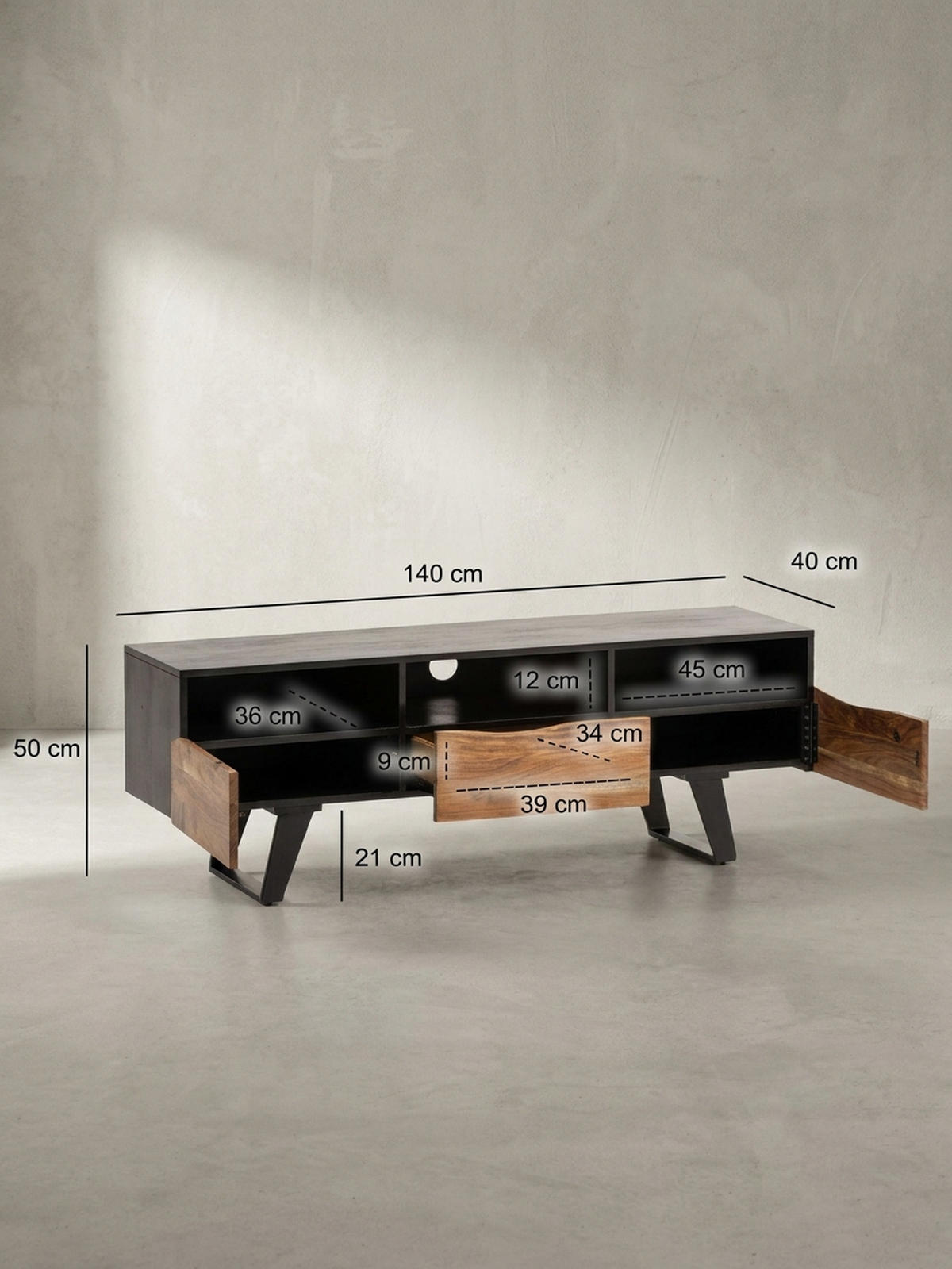 LOWBOARD Akazie Massivholz Modern Stil 140x50x40 cm Baumkante mit Schublade und Türen - Schwarz, Holz/Metall (140/50/40cm) - KADIMA DESIGN