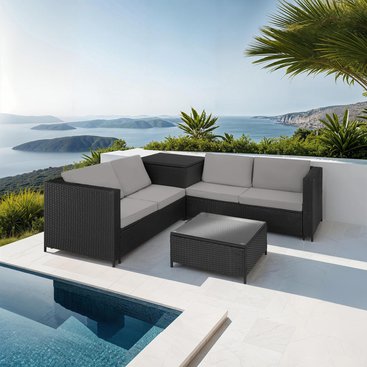 RATTANLOUNGE Siena,mit Sicherheitsglasplatte,schwarz/grau - Schwarz/Grau, Kunststoff - tectake