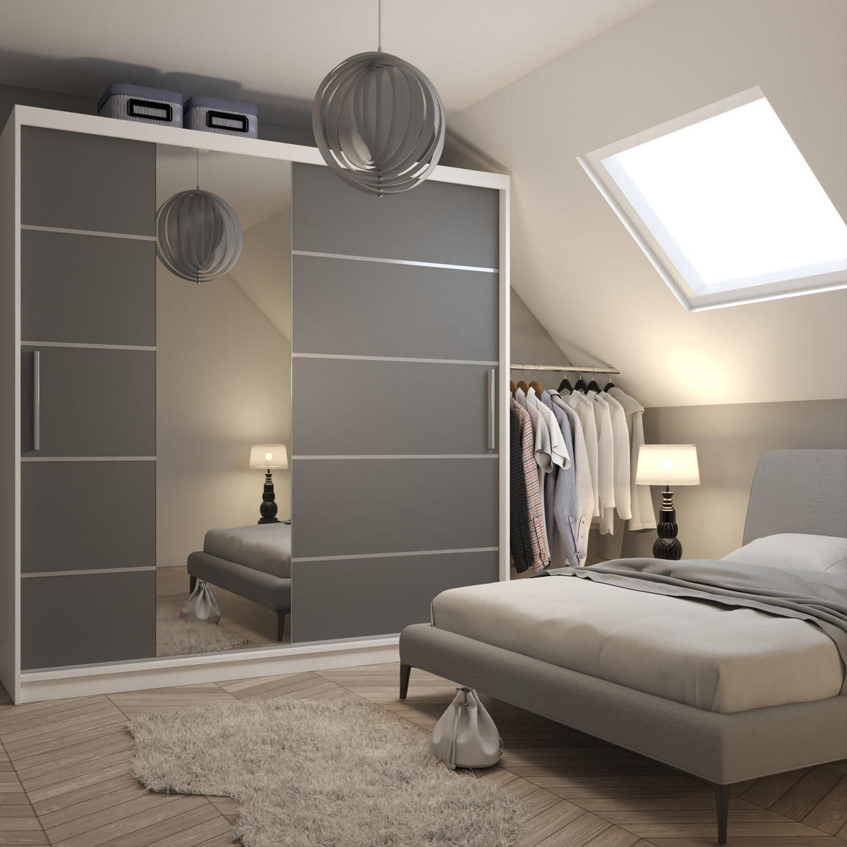 SCHWEBETÜRENSCHRANK Verona MBP, Weiß/Grau Matt, 200 cm, mit Spiegel - Grau, Holz (200/216/60cm) - B BELINI GROUP