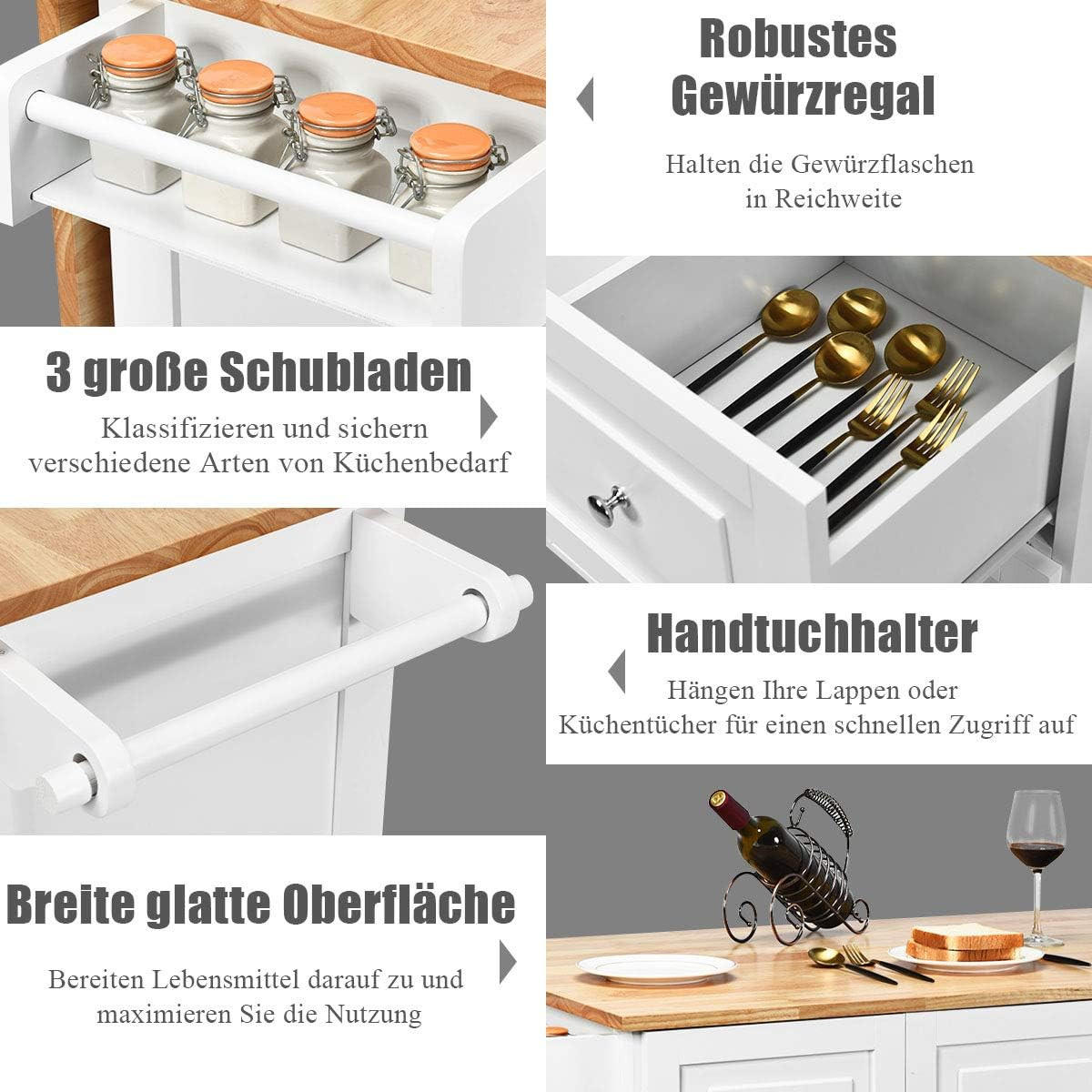 KÜCHENWAGEN rollbar Weiß - Weiß, Holz (76/91/135cm) - COSTWAY