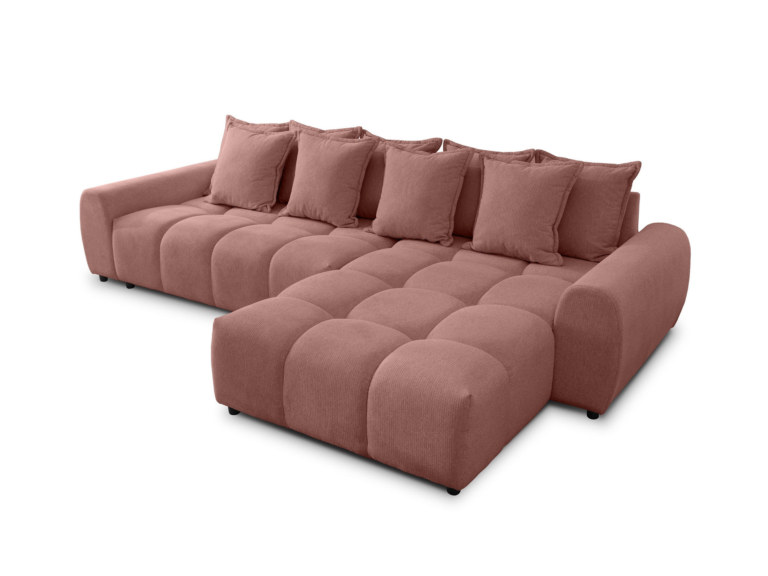 ECKSOFA Bubble mit losen Rückenkissen und Sitzfläche in Bubble-Optik aus weichem Terrakotta Strukturstoff mit schöner Sitzkomfort - Ottomane rechts - Terracotta/Schwarz, Holz/Kunststoff (180/306cm) - S-Style Möbel