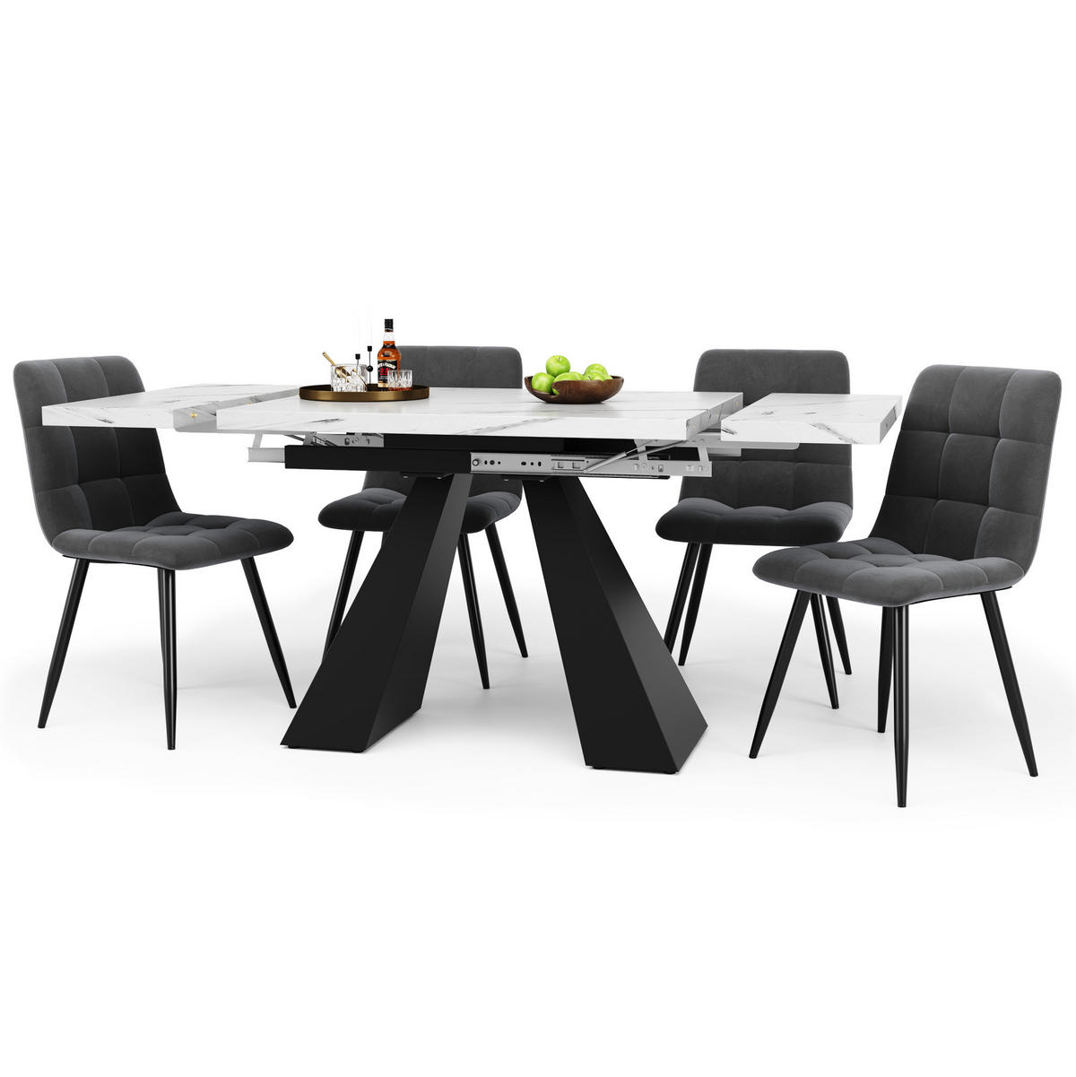 ESSTISCH-SET, MDF in Marmoroptik mit Ausziehtisch & 4 Samtstühlen, 99-159/74/77 cm, Weiß - Weiß, Holzwerkstoff - Redom