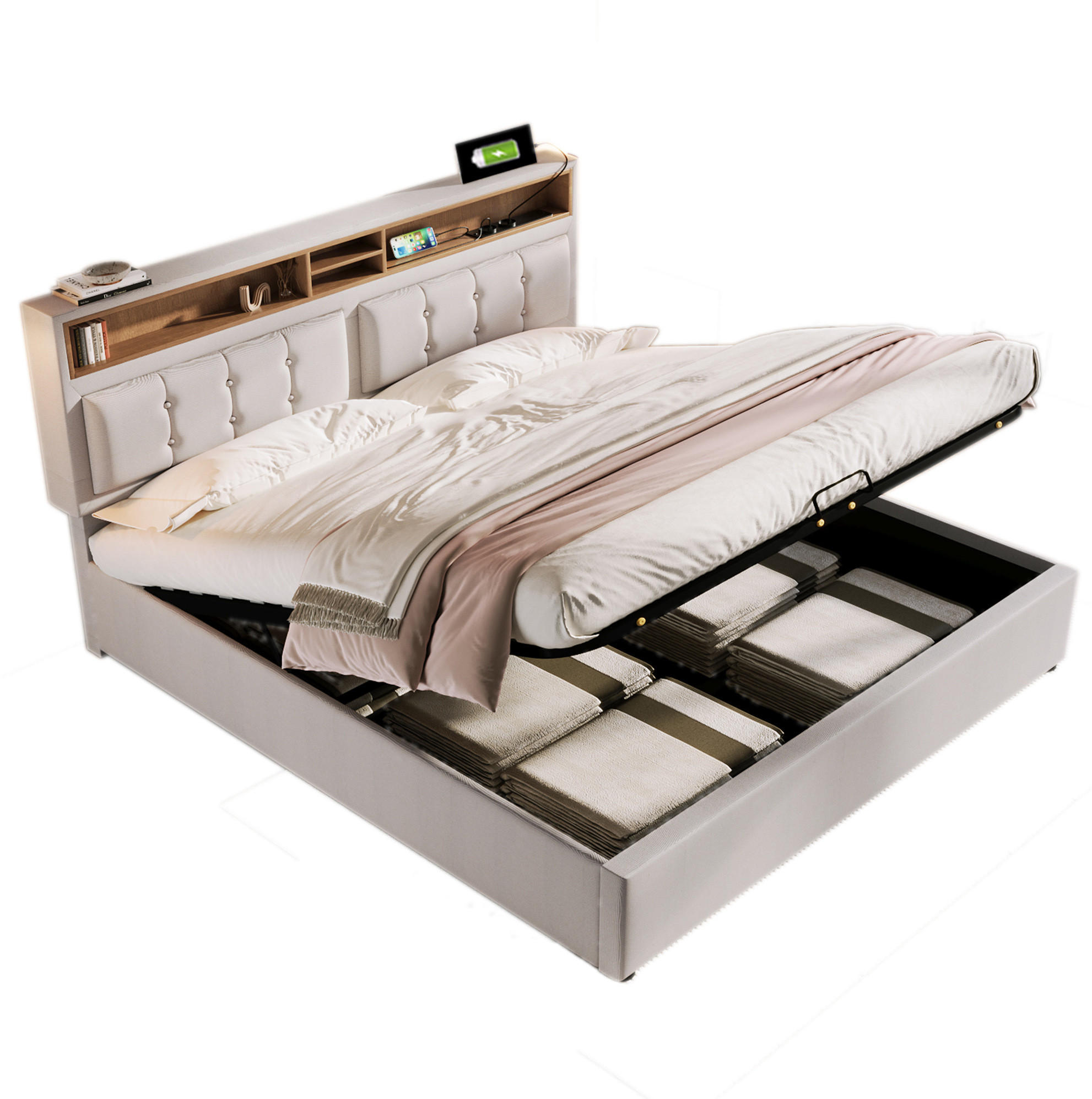 POLSTERBETT 160/200 cm Beige mit Stauraum und USB- und Type-C-Anschlüssen - Beige, Textil (160/200cm) - Flora Grace
