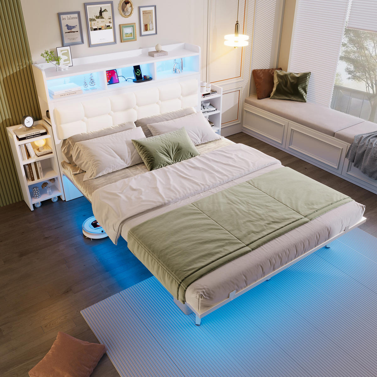 DOPPELBETT 140/190 cm Weiß mit LED-Beleuchtung und USB-Ladefunktion aus Metall - Weiß, Metall (140/190cm) - OKWISH