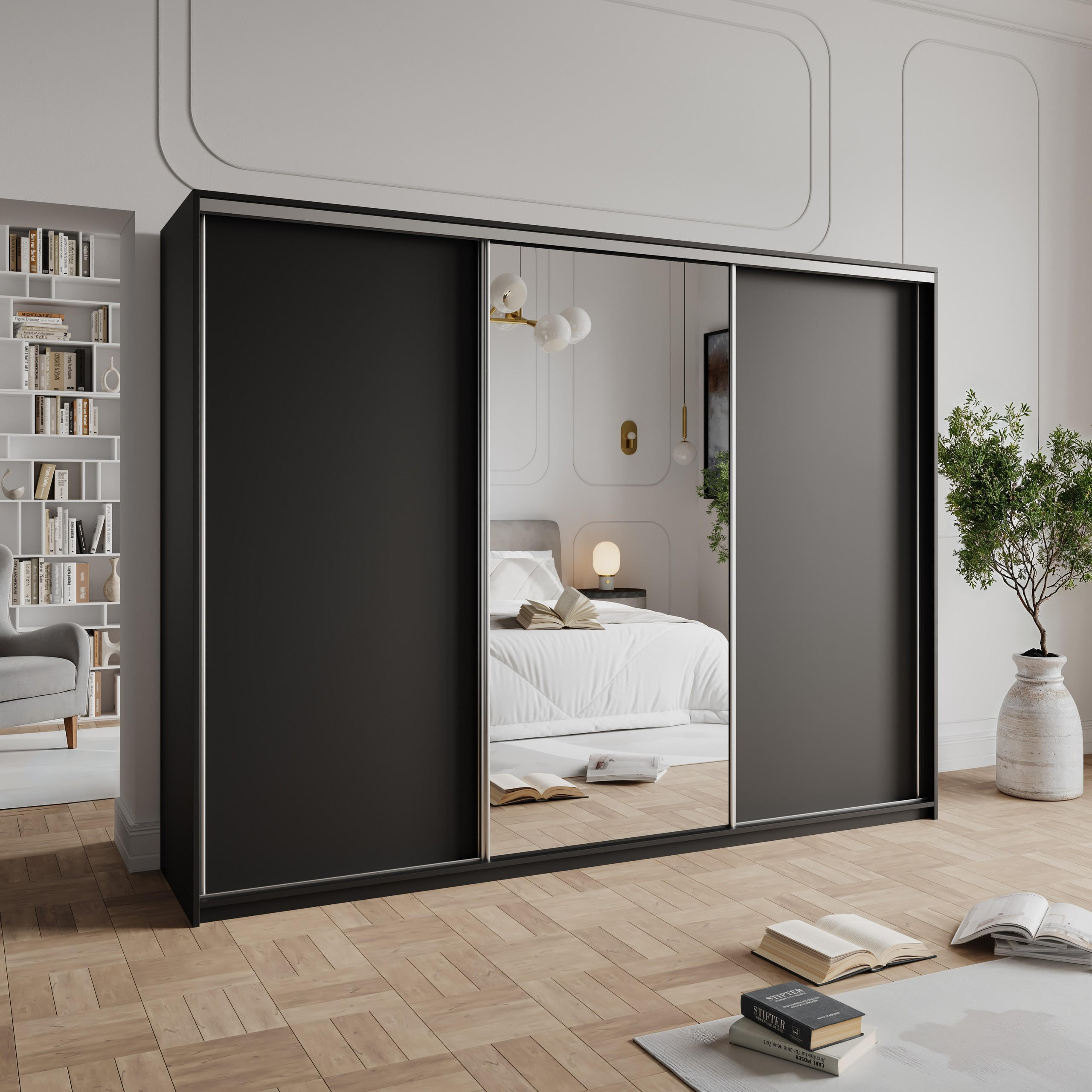 SCHWEBETÜRENSCHRANK TAVI 270/205/60 cm 3-türig mit Spiegel Schwarz - Schwarz, Holzwerkstoff (270/205/60cm) - MASSENO