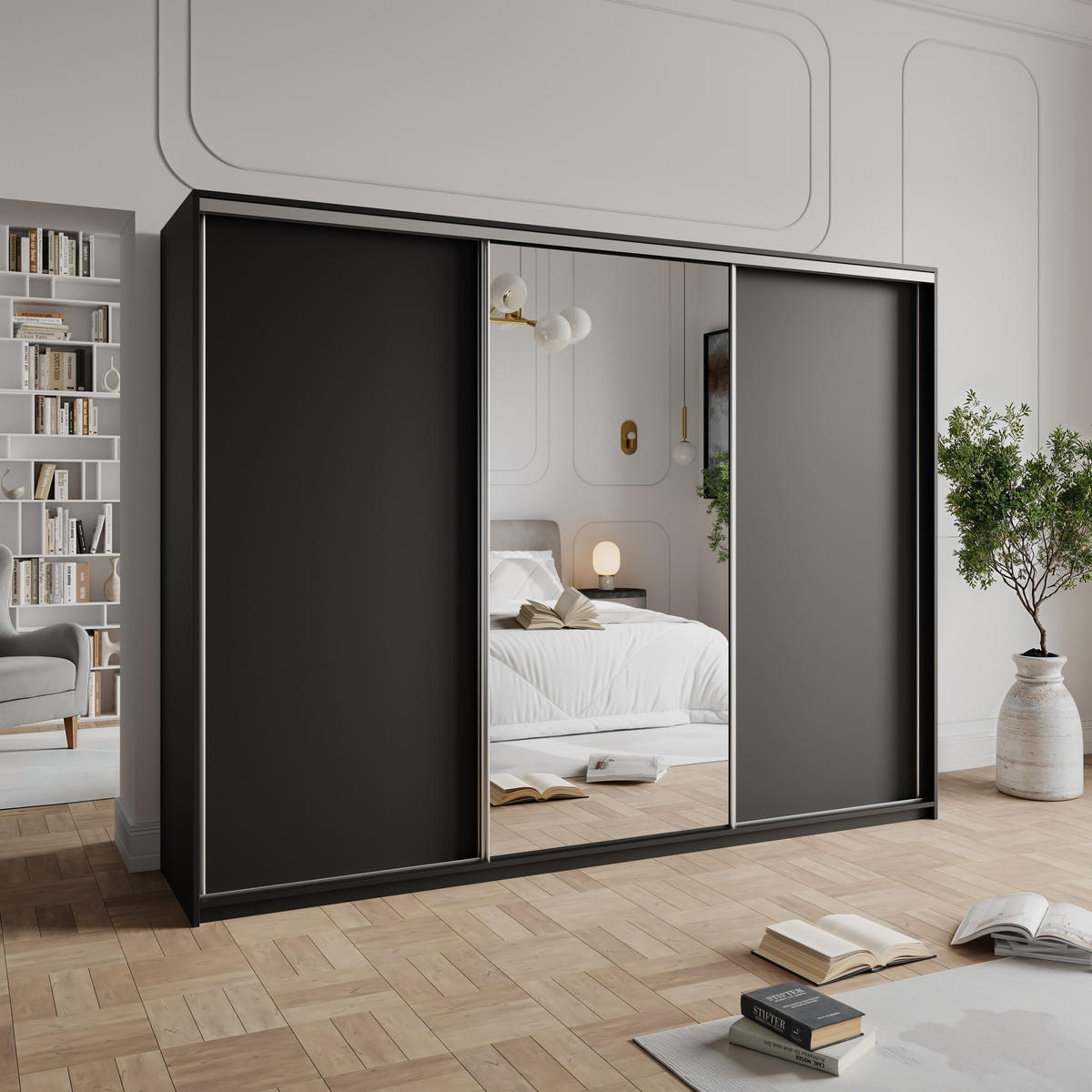 SCHWEBETÜRENSCHRANK TAVI 270/205/60 cm 3-türig mit Spiegel Schwarz - Schwarz, Holzwerkstoff (270/205/60cm) - MASSENO