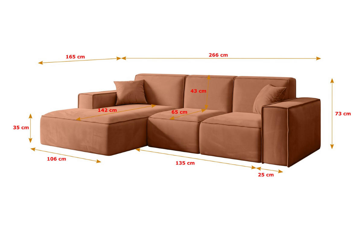 ECKSOFA Ottomane Links SERRA-L - 266x165x73 cm Koralle Velours - Koralle/Schwarz, Holzwerkstoff/Kunststoff (165/266cm) - ALTDECOR
