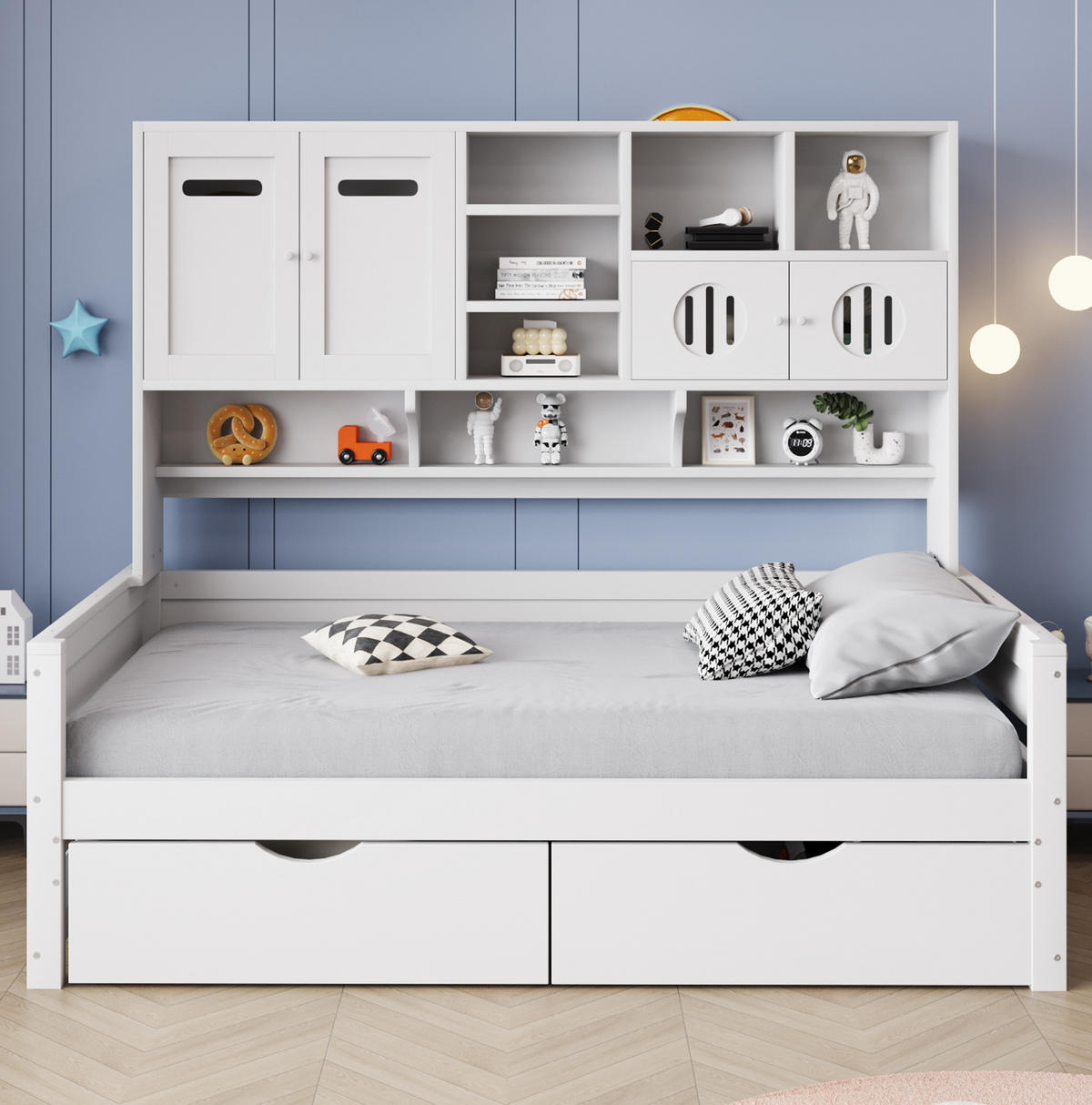 KREVET 90/200 cm s multifunkcionalnim spremištem, 2 velikim ladicama i letvičastim podnicama, Bijela - bijela, drvni materijal (90/200cm) - Redom