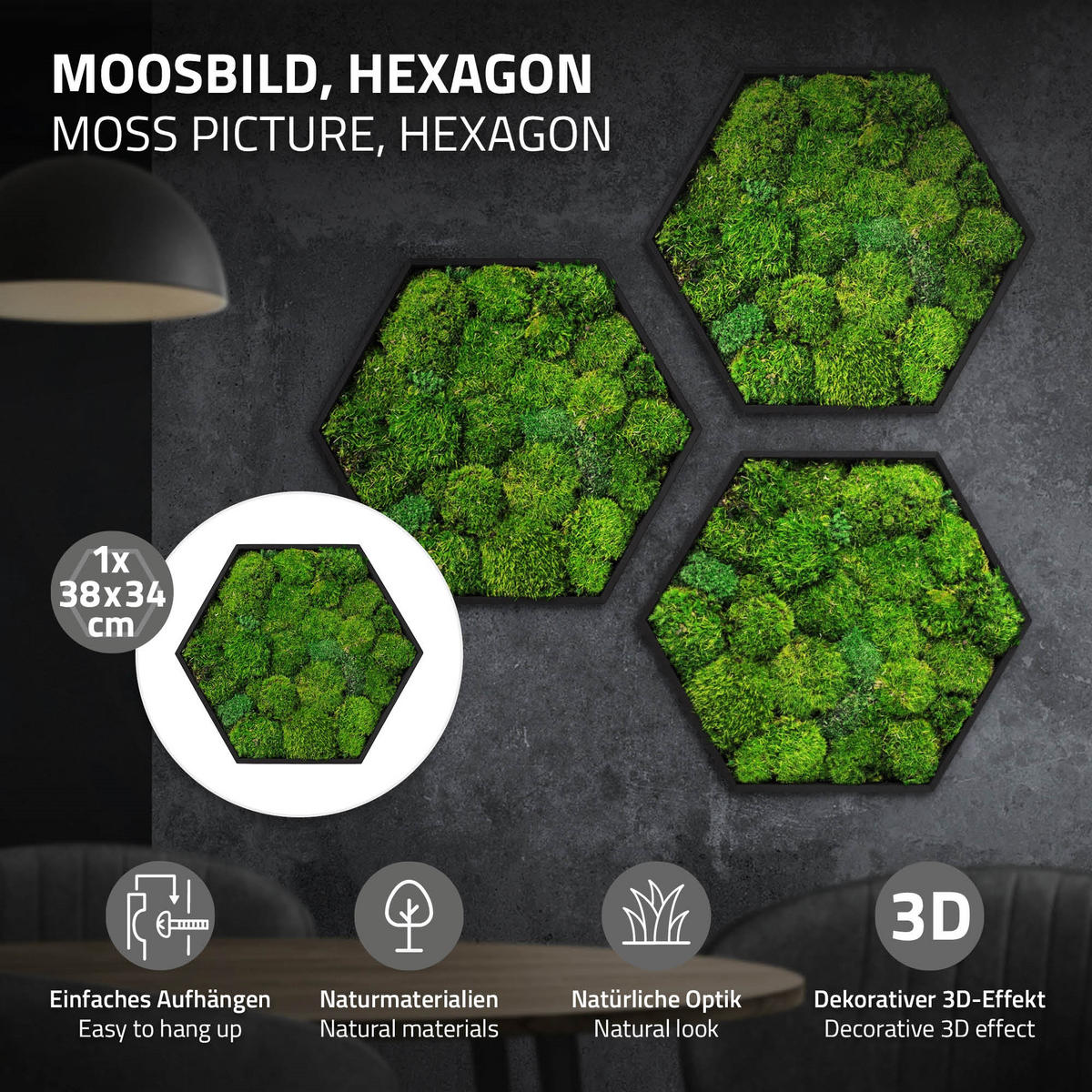 MOOSBILD Hexagon 38x34 cm Mooswand Indoor mit echtem Kugelmoos und Holzrahmen Grün Pflegefrei - Grün, Naturmaterialien (38/34/3.4cm) - ECD-Germany