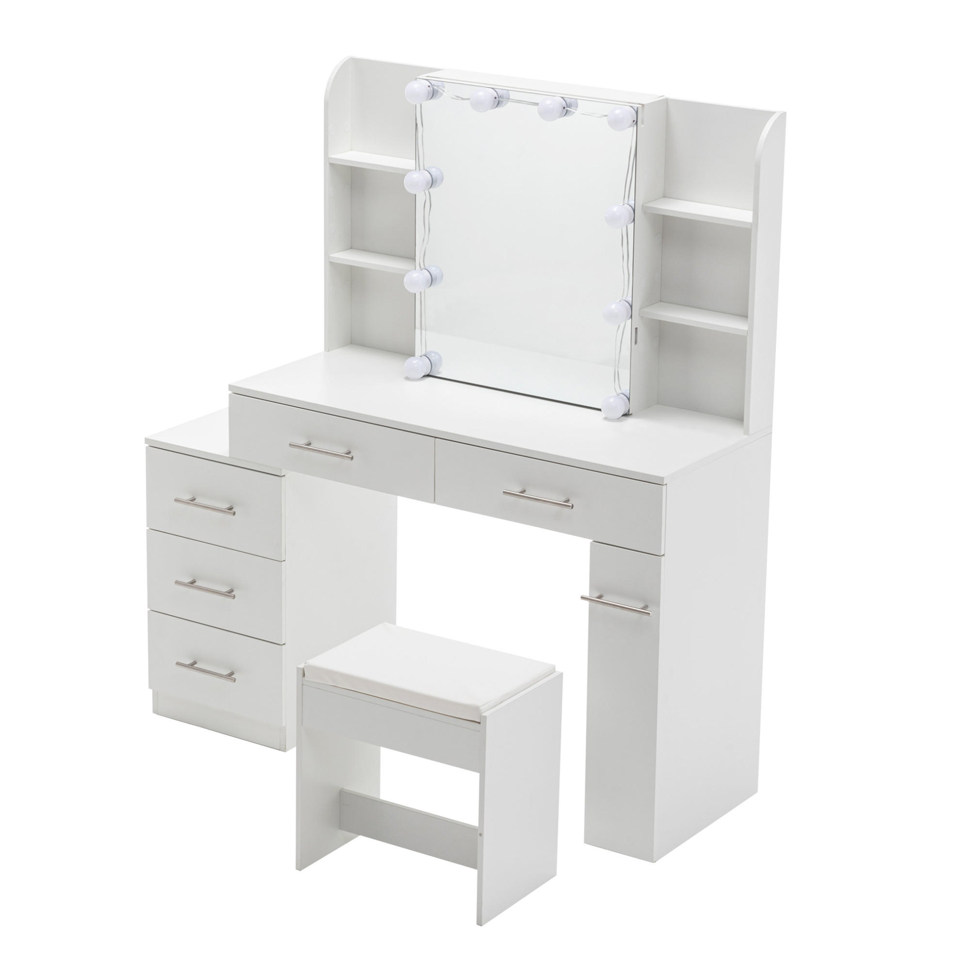 SCHMINKTISCH 100/40.5/136 mit Schiebespiegel, verstecktem Stauraum, LED-Beleuchtung und Hocker, Weiß - Weiß, Holzwerkstoff (100/136/40.5cm) - Redom