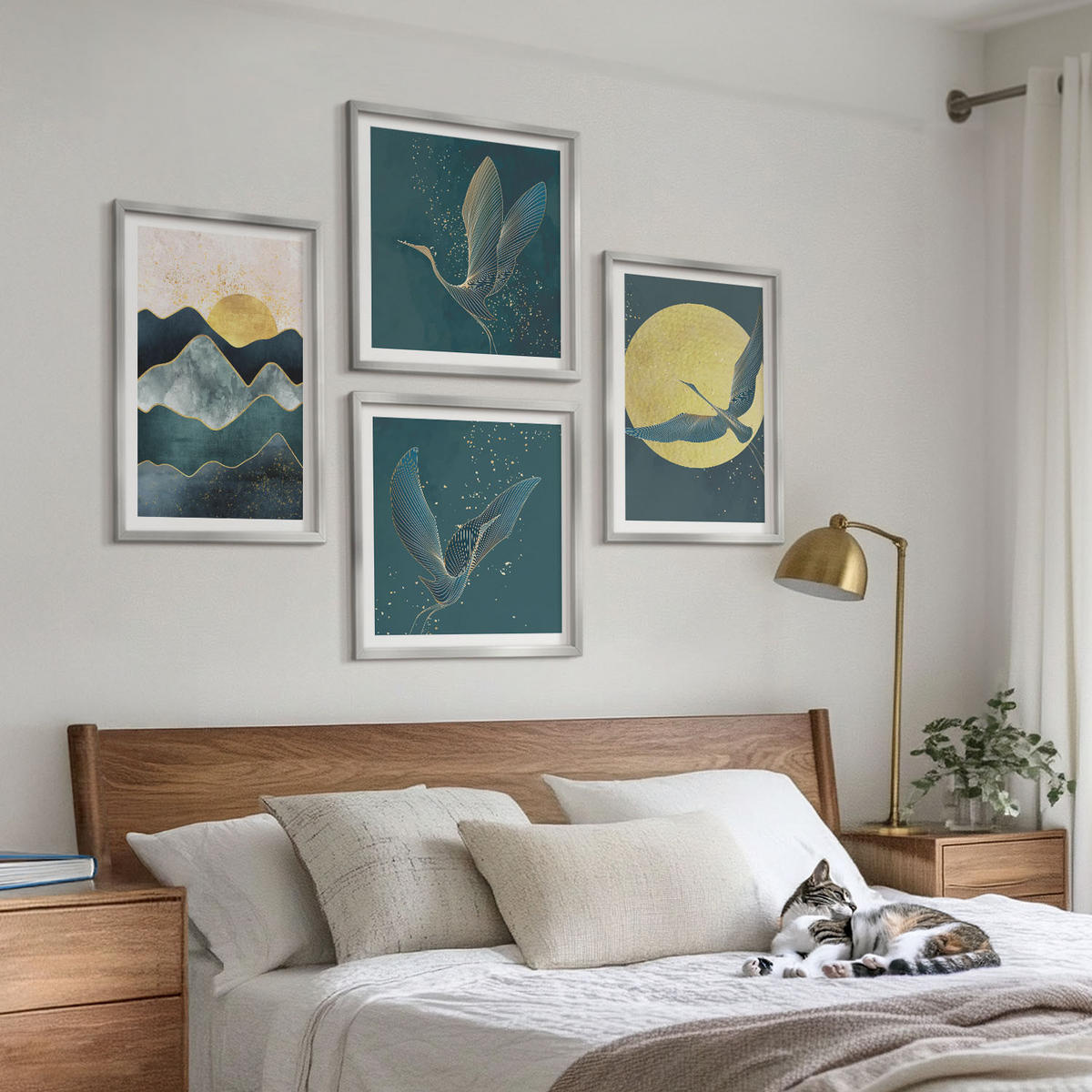 WANDBILDER 4er Set - 50x50 cm & 40x60 cm Silberner Rahmen - Vögel, Kraniche, Mond, Berge - Silberfarben, Kunststoff (50/50cm) - ArtPrintCave