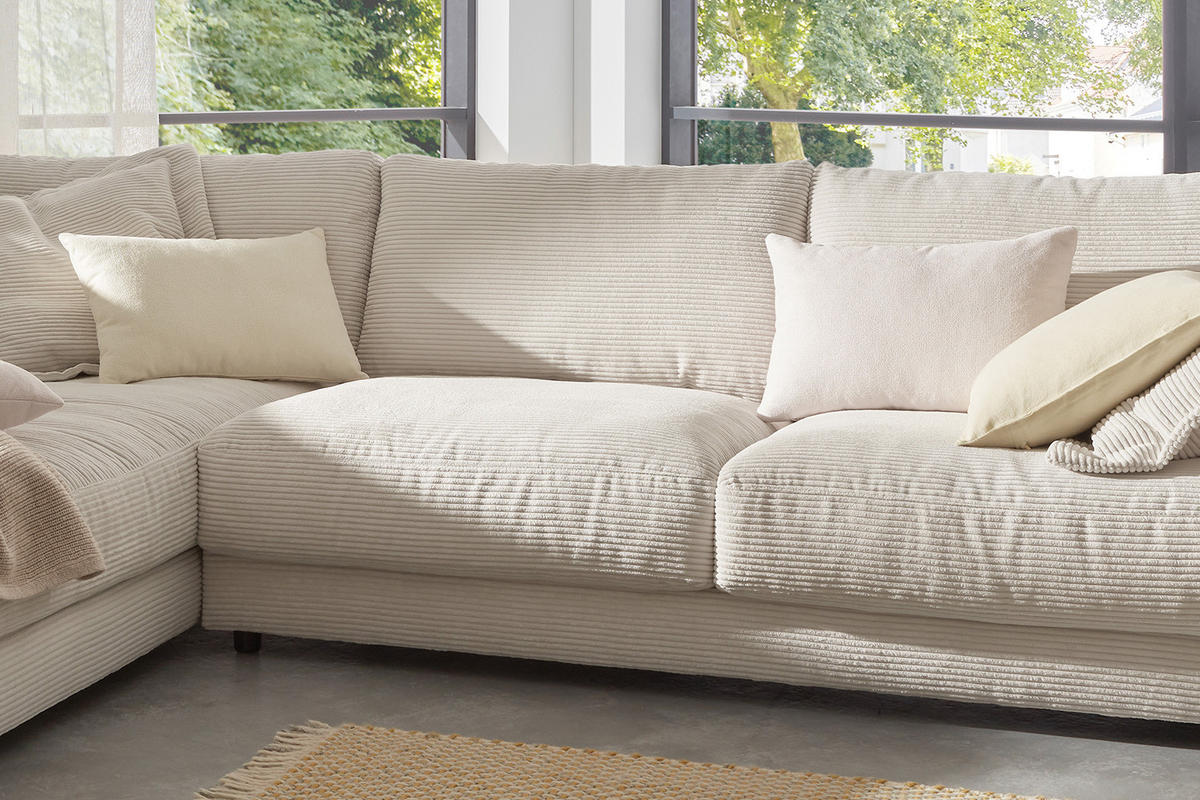 ECKSOFA MADELINE Cremeweiß Cord - Creme/Schwarz, Kunststoff/Textil (325/224cm) - KAWOLA