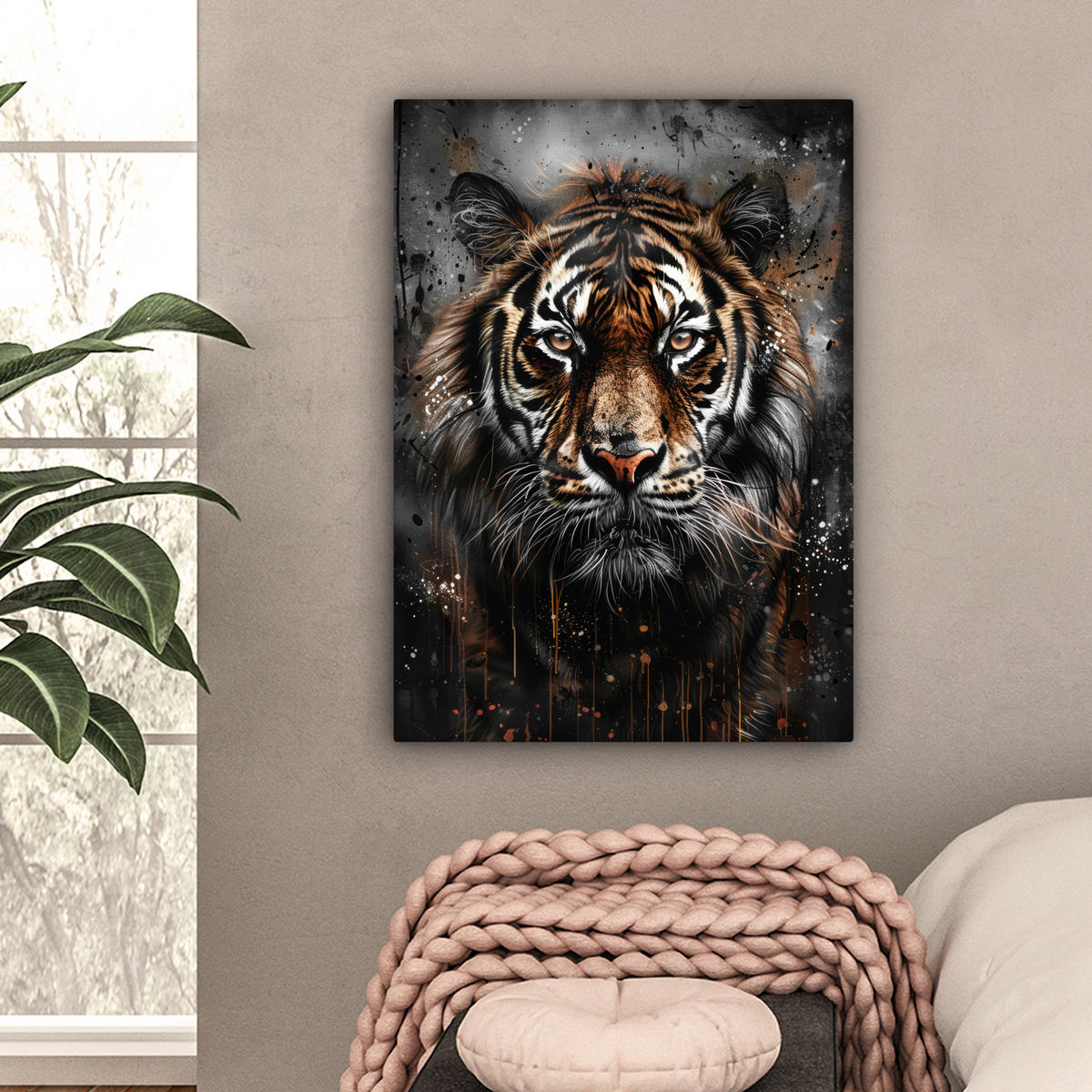 LEINWANDBILD Tiger - Tiere - Porträt - Luxus - Schwarz Wandbild Wohnzimmer 60x80 cm - Anthrazit, Textil (60/80cm) - MuchoWow