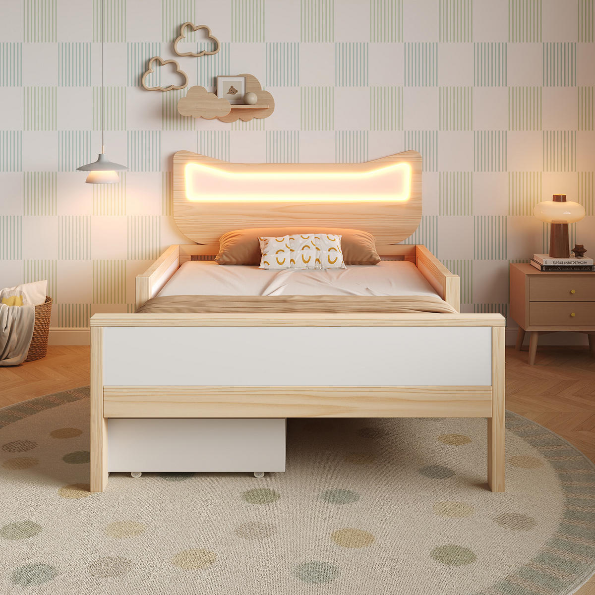 KINDERBETT 90/200 cm DE-00722, in Weiß & Eiche, LED Katzenohren und Schublade - Eichefarben, Holz (90/200cm) - ComfortXL