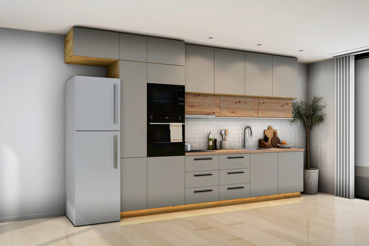 KÜCHENZEILE Nexa Beige & Woodline – 400 cm – K18-G400 - Hellbraun/Beige, Holzwerkstoff (400/248/58cm) - ROYAL24_MARKT