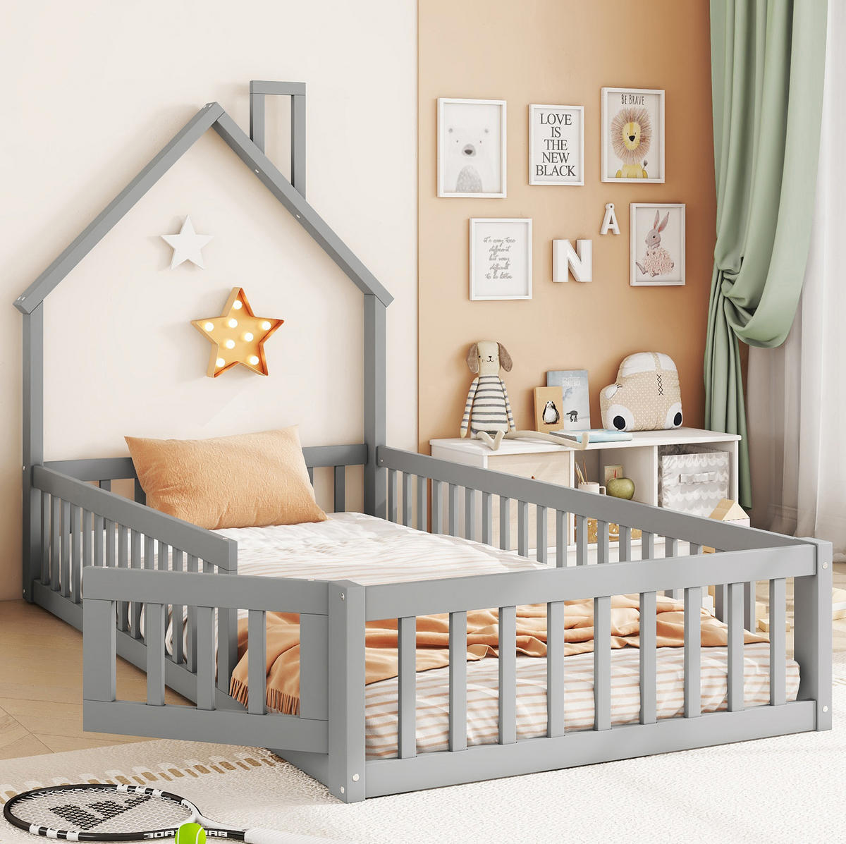 HAUSBETT 90/200 cm in Grau – mit Schornsteinform, Lattenrost und Rundum-Schutzgitter - Grau, Holzwerkstoff (90/200cm) - BEAOK