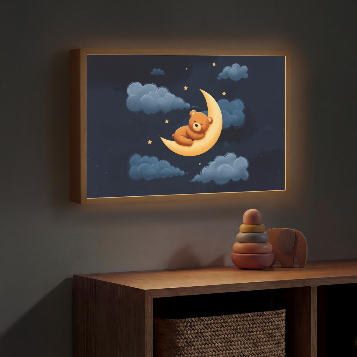 NACHTTISCHLAMPE MIT AKKU Teddybär - Mond - Wolken - Sterne 60x40 cm - Dunkelblau, Holzwerkstoff (8/60/40cm) - OnlyWow