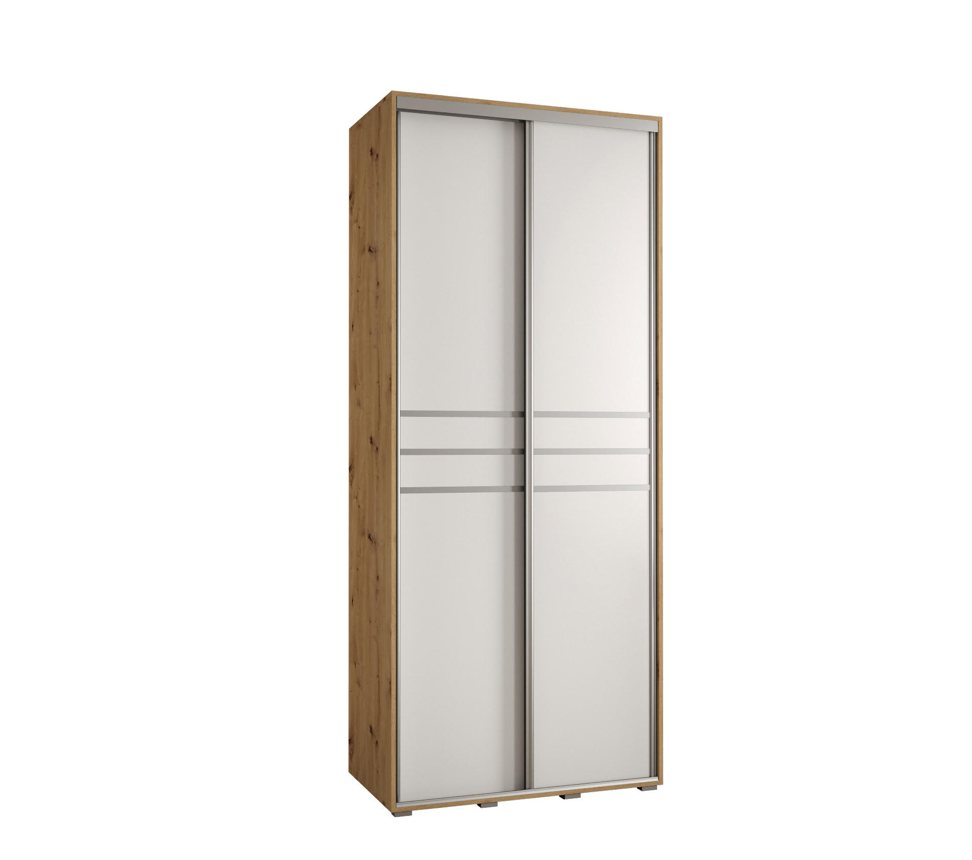 Abiks Möbel Schwebetürenschrank Eiche Artisan, Weiß, Silber 110x235x60 cm