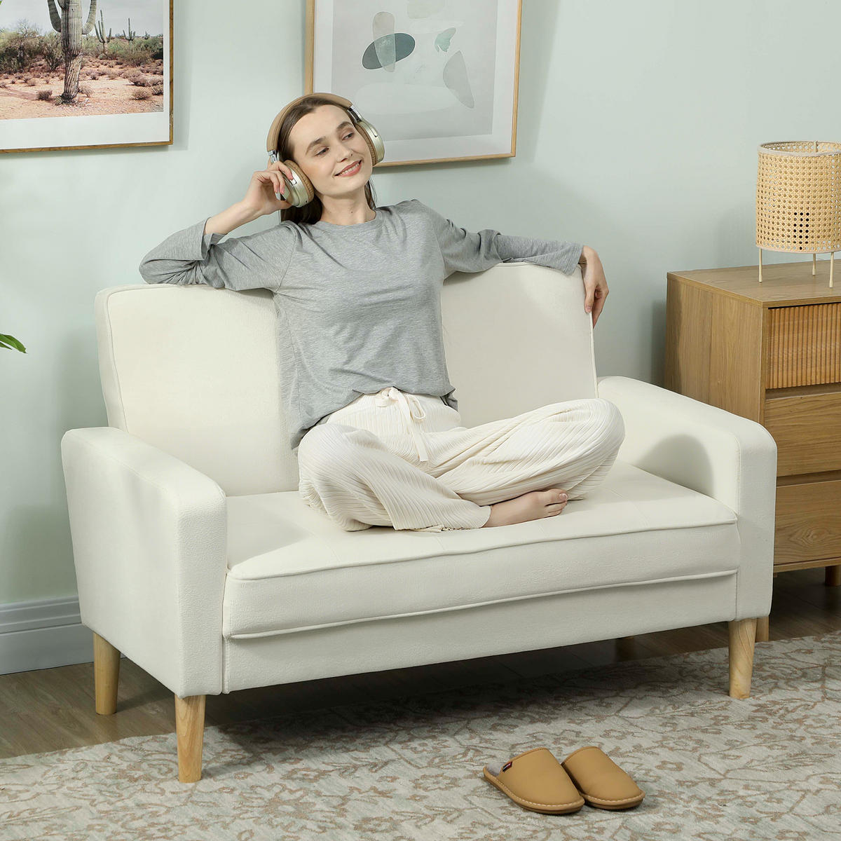 SOFA Polyester Gummiholz Cremeweiß - Creme/Naturfarben, Holz/Textil (74.5/82/130cm) - HOMCOM