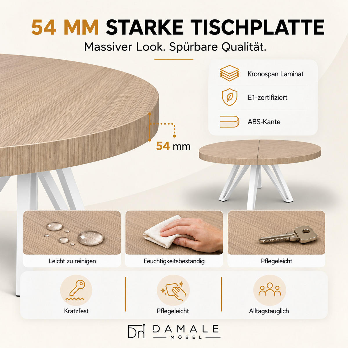 ESSTISCH rund ausziehbar 90/190/76 cm, Hellbraun Eiche Hikora Egger Natur, 54 cm Tischplatte + Industrial-Metallgestell Weiß - Hellbraun/Weiß, Holzwerkstoff/Metall (90/190/76cm) - Damale Möbel