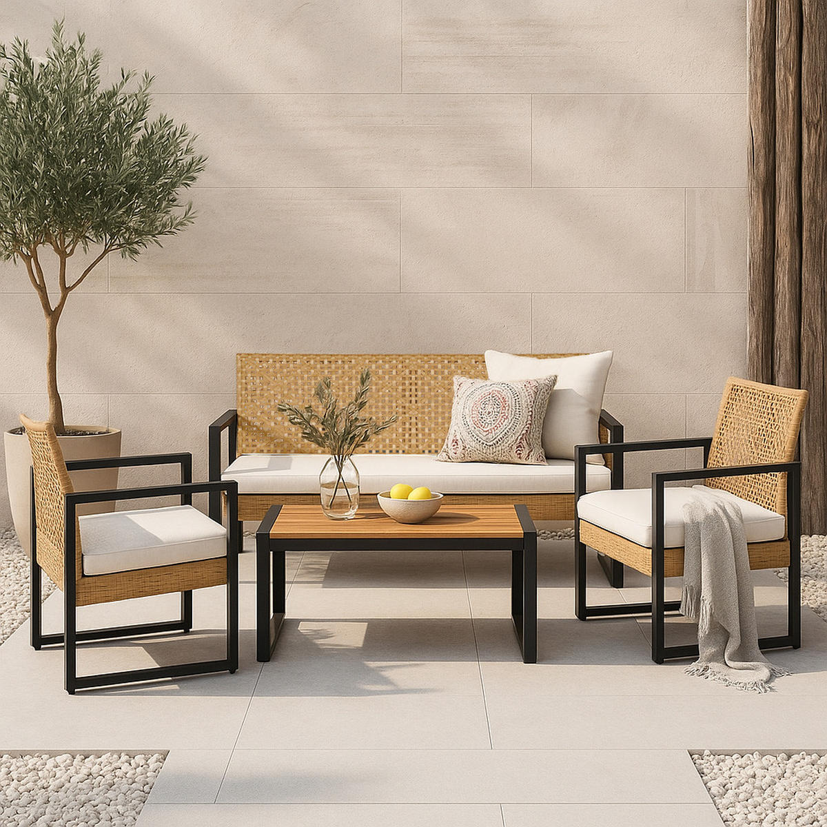 LOUNGE-SET 4 TLG. Calciano - Beige/Naturfarben, Kunststoff/Metall - casa.pro