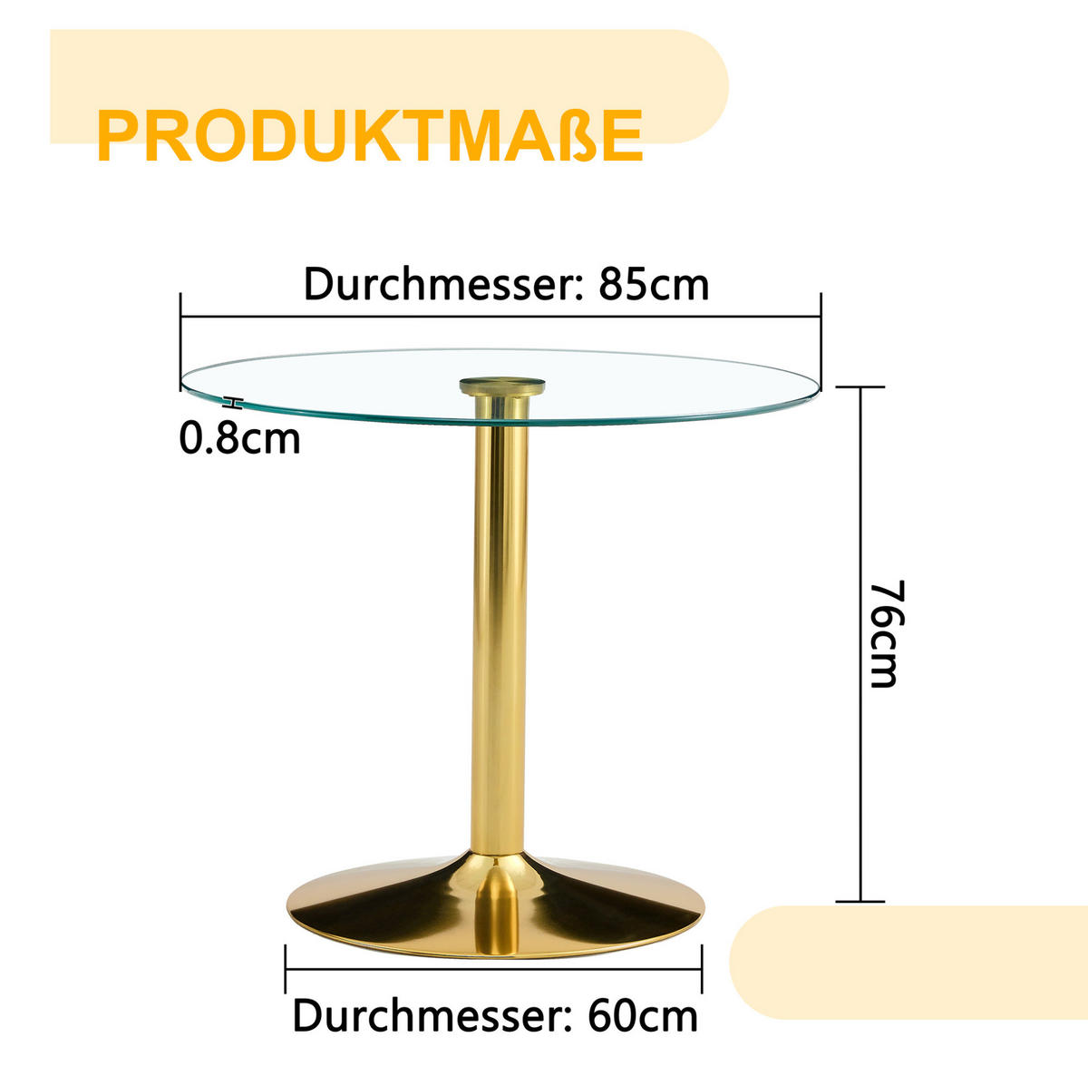 BARTISCH 85/85/76 cm mit Glasplatte und Metallgestell in Gold - Goldfarben, Holzwerkstoff (85/85/76cm) - BEAOK