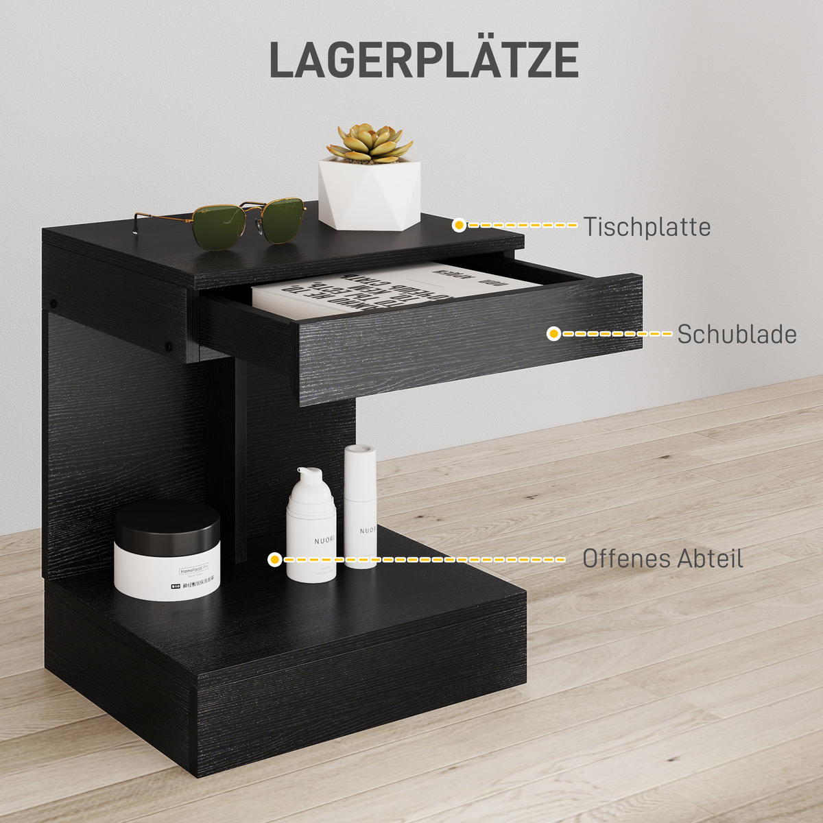 NACHTTISCH mit Schubladen, 40 x 30 x 46 cm, Schwarz - Schwarz, Holzwerkstoff (40/46/30cm) - HOMCOM