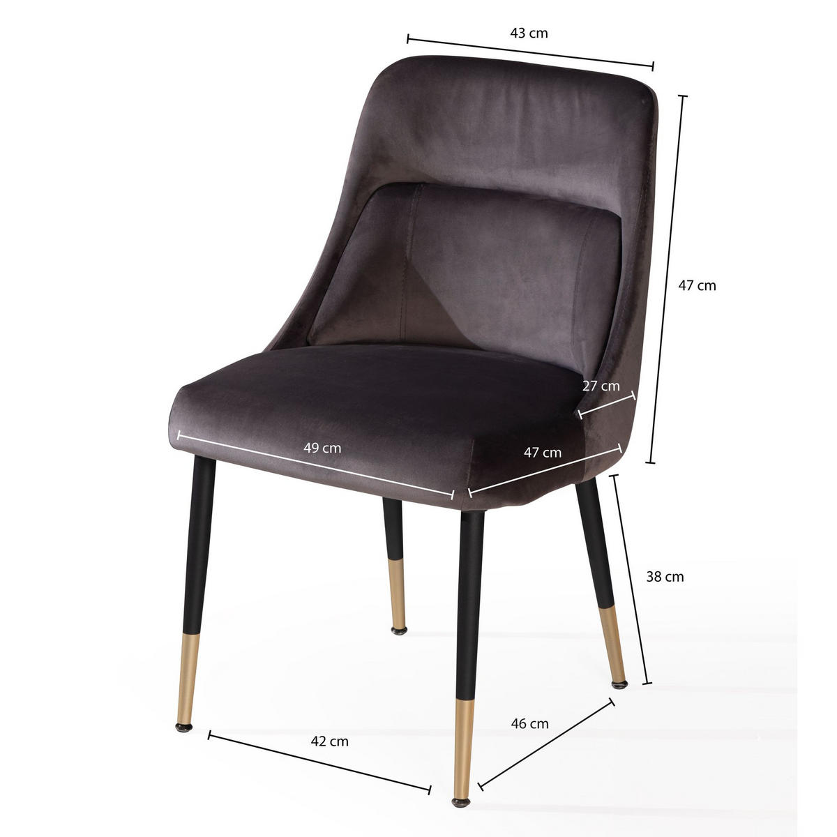 ESSZIMMERSTUHL Samtbezug mit integriertem Rückenkissen und Metallgestell Schalenform Modern gepolstert, Grau 49x56x85 cm - Schwarz/Grau, Textil/Metall (49/85/56cm) - KADIMA DESIGN