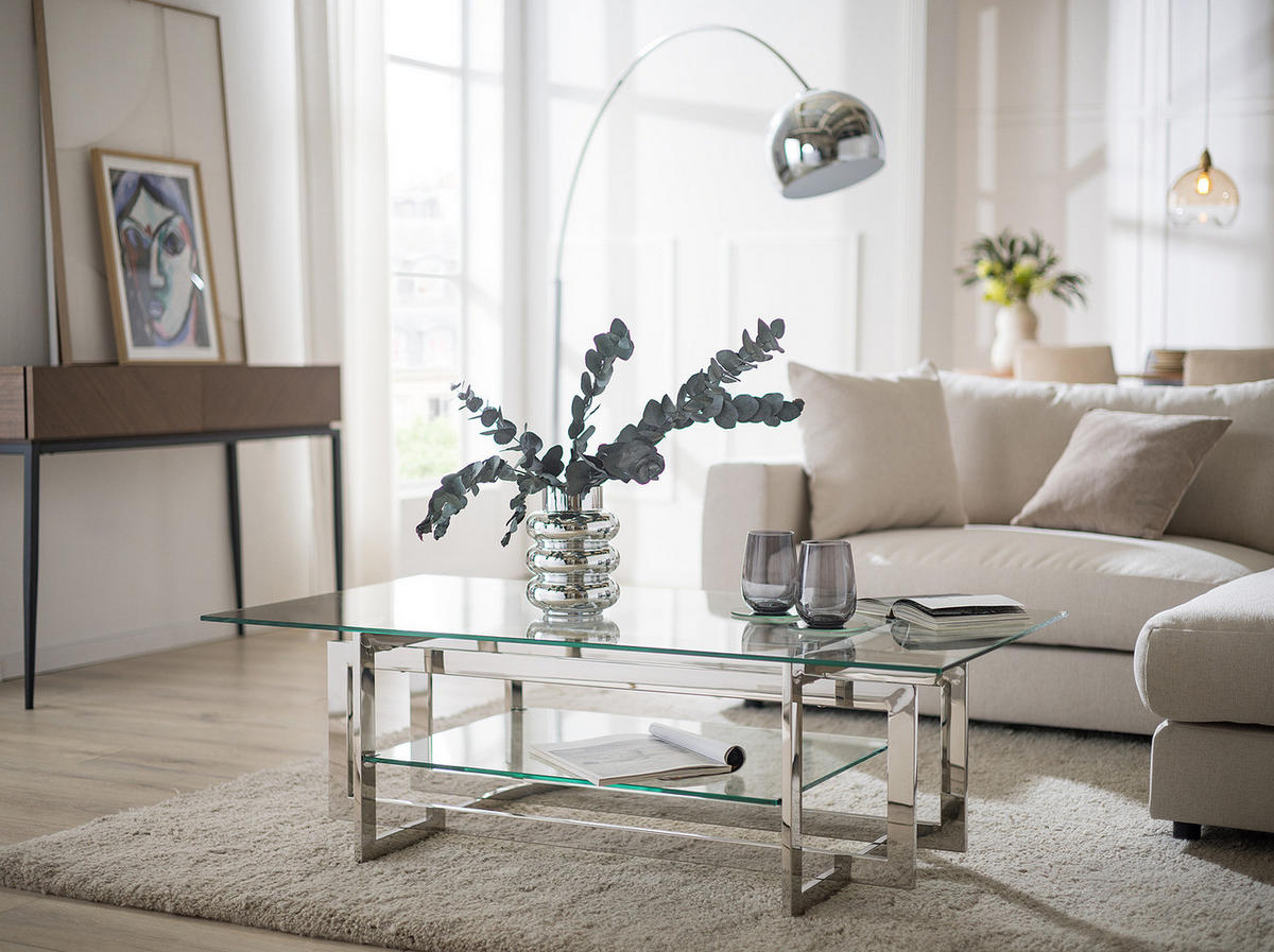 COUCHTISCH - Glas / Metall - Transparent / Silber - Silberfarben, Glas/Metall (65/120/40cm) - home24