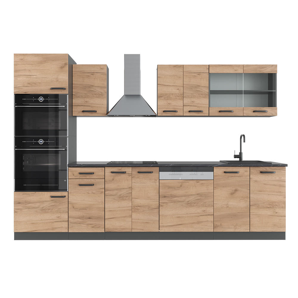 KÜCHENZEILE R-Line Goldkraft Eiche/Anthrazit 300 cm mit Hochschrank ohne AP - Honigeiche/Anthrazit, Holzwerkstoff (300/81.6/46cm) - Vicco