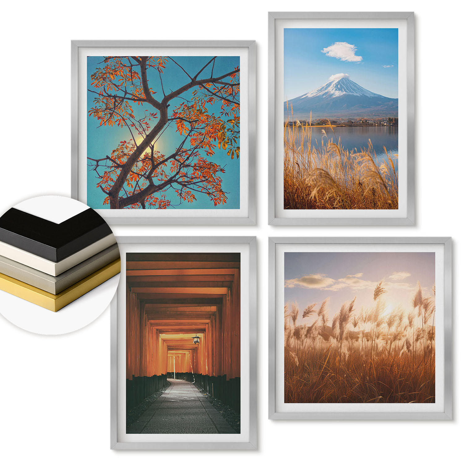 WANDBILDER 4er Set - 50x50 cm & 40x60 cm Silberner Rahmen - Japanische Naturlandschaften - Silberfarben, Kunststoff (50/50cm) - ArtPrintCave