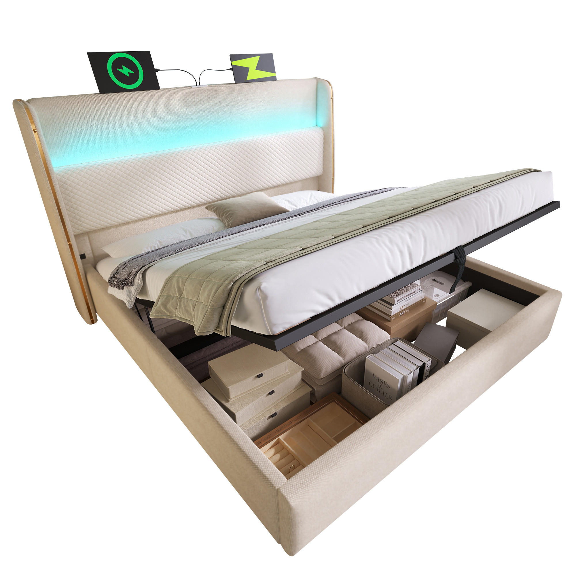 POLSTERBETT 140/200 cm Beige mit hydraulischem Stauraum und LED-Beleuchtung - Beige, Textil (140/200cm) - OKWISH