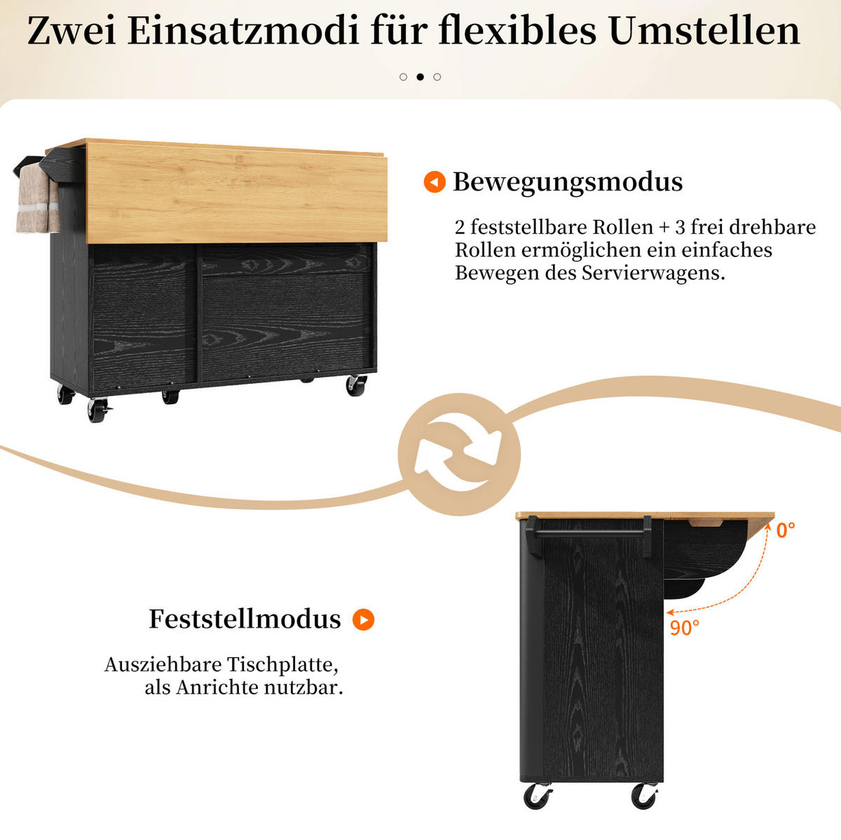 KUHINJSKI otok 130/45(75)/92 cm z zložljivo delovno ploščo, nastavljivimi policami in kolesi, črna MDF - črna, leseni material (130/92/45cm) - Redom