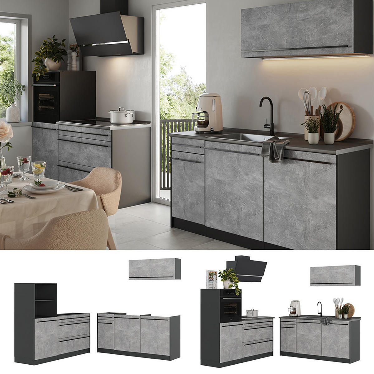 KUCHYŇSKÝ KOUT R-Line, Beton/Antracit, 160 cm pracovná doska Mramor - šedá/antracitová, kompozitní dřevo (160/143/60cm) - Vicco