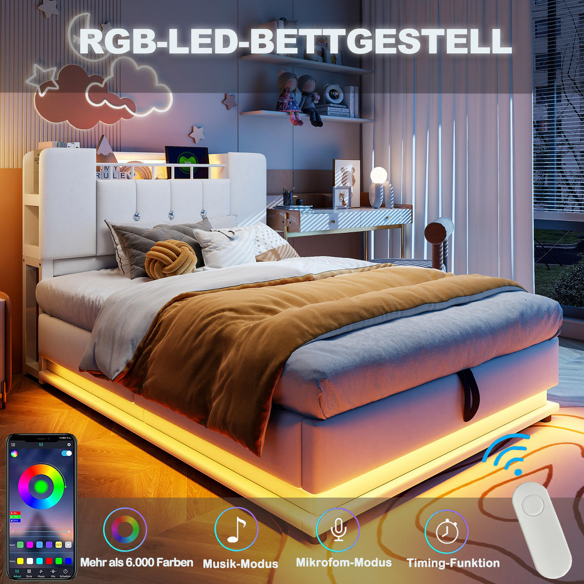 POLSTERBETT 90/200 cm Beige mit Stauraum mit LED-Beleuchtung und USB- und Type-C-Anschlüssen Samtbezug - Beige, Textil (90/200cm) - OKWISH