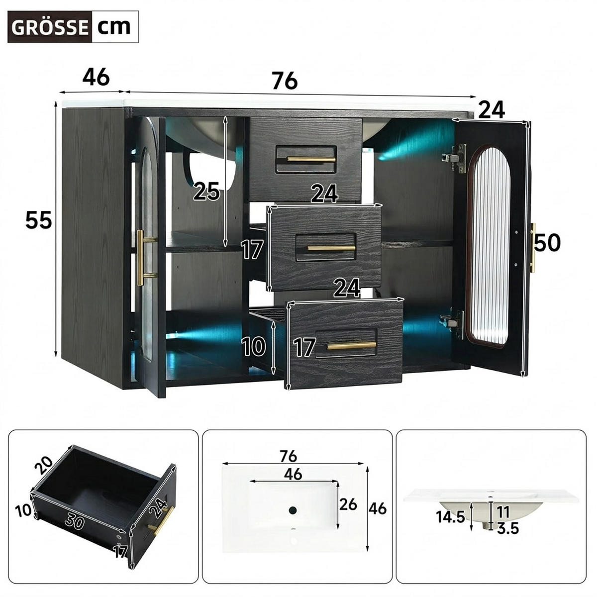 WASCHTISCHKOMBI 76/46/55 cm Schwarz mit LED-Beleuchtung und 3 Schubladen - Schwarz, Holz/Holzwerkstoff (46/55/76cm) - Oxeza